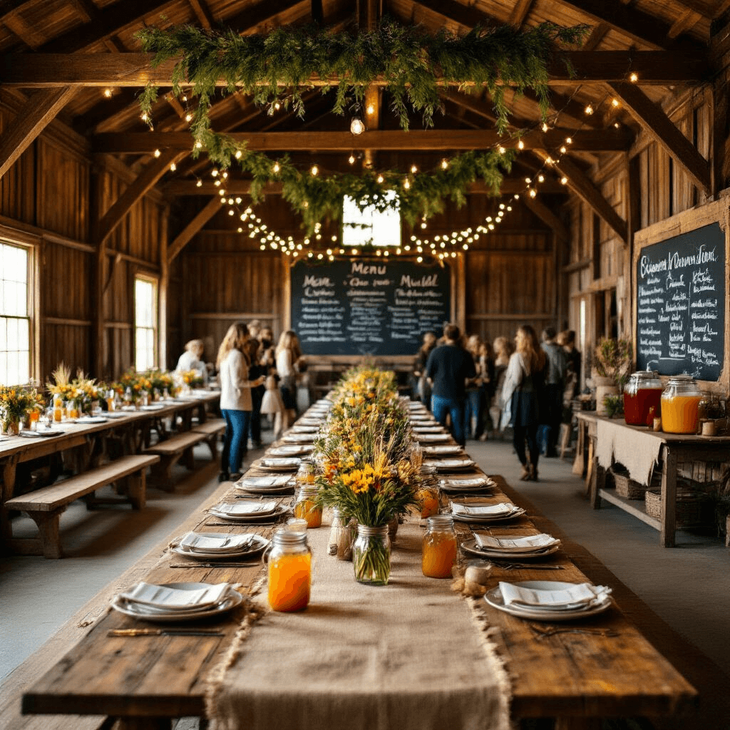 Friendsgiving Dinner Party: The Ultimate Guide to Creating Unforgettable Memories A rustic barn interior adorned with greenery and twinkling lights, featuring long trestle tables set for a Friendsgiving feast with burlap runners and vintage china, a chalkboard menu on the wall, a DIY photo booth, and friends mingling around a drink station with apple cider and mulled wine, all illuminated by warm golden lighting.