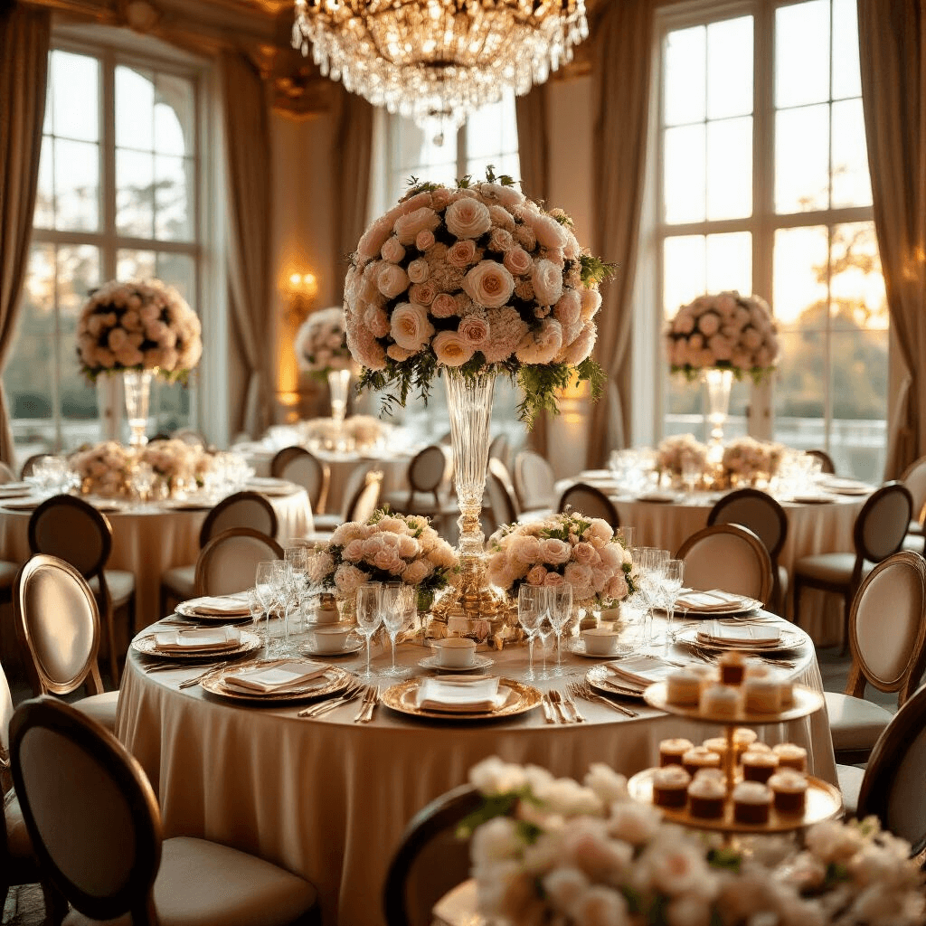 Dinner Party Decorations: A Stunning Guide to Creating Memorable Tablescapes A lavish dinner party in a grand ballroom, featuring round tables with champagne silk linens and floral centerpieces, crystal stemware, velvet chairs, and a dessert cart, illuminated by golden hour sunlight.