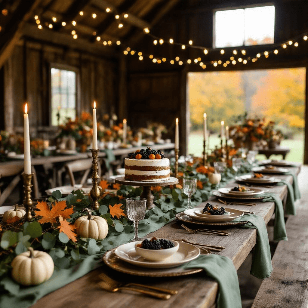 Dinner Party Decorations: A Stunning Guide to Creating Memorable Tablescapes A cozy autumn celebration set in a rustic barn interior, featuring long wooden tables with sage green runners, eucalyptus and maple leaf garlands, brass candlesticks with flickering candles, and a dessert table with a naked cake decorated with fresh figs and blackberries, all illuminated by fairy lights.