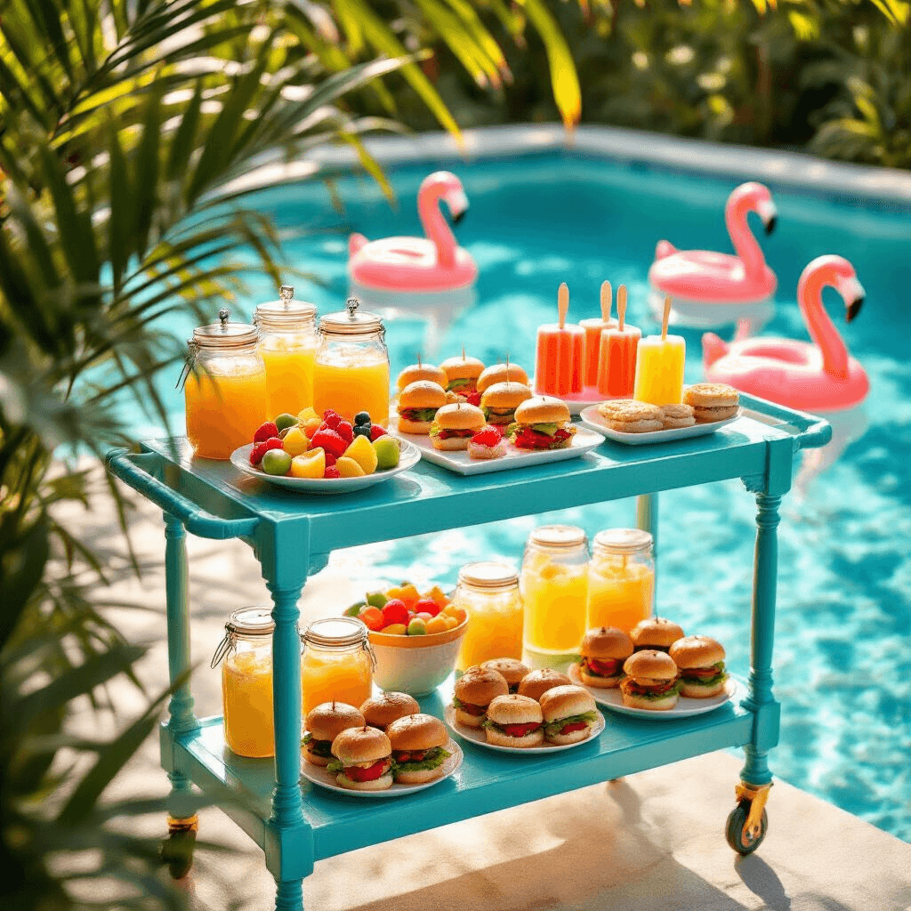 Pool Party Snacks: The Ultimate Guide to Delicious & Photogenic Summer Bites A vibrant poolside snack station featuring an aqua and coral serving cart filled with colorful treats, including fruit skewers and mini sliders, framed by tropical palm leaves, with inflatable flamingos in the clear pool and mason jars of iced lemonade reflecting golden hour light.