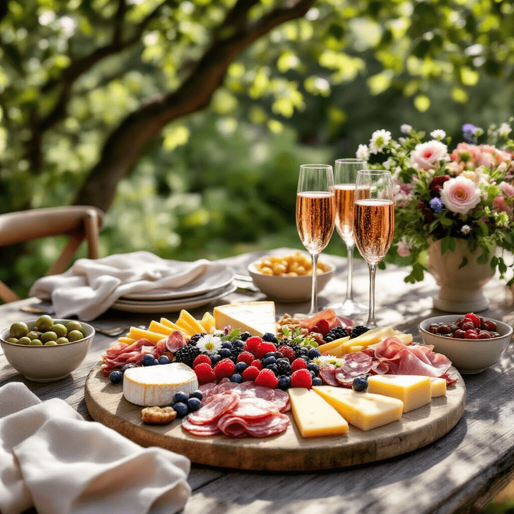 Pool Party Snacks: The Ultimate Guide to Delicious & Photogenic Summer Bites A close-up of a rustic wooden table set for an intimate garden party, featuring a beautifully arranged charcuterie board with cheeses, cured meats, fresh berries, and edible flowers, surrounded by bowls of olives, nuts, and homemade dips, with pastel linen napkins and sparkling rosé in delicate flutes, illuminated by soft morning light.