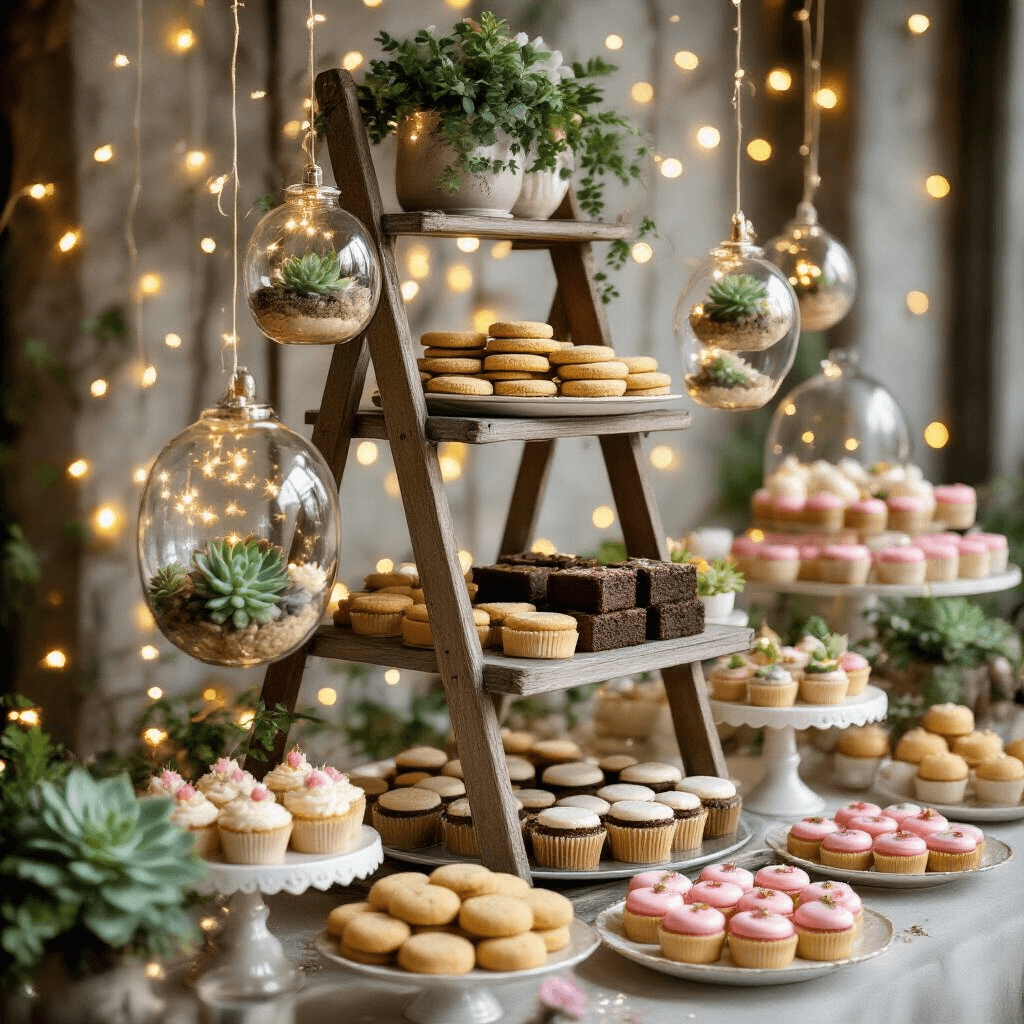 Pool Party Snacks: The Ultimate Guide to Delicious & Photogenic Summer Bites A whimsical dessert display featuring a vintage ladder as a tiered stand for cookies, brownies, and fruit tarts, adorned with hanging glass terrariums and fairy lights, set against a backdrop of twinkling lights in soft pastels and gold accents.