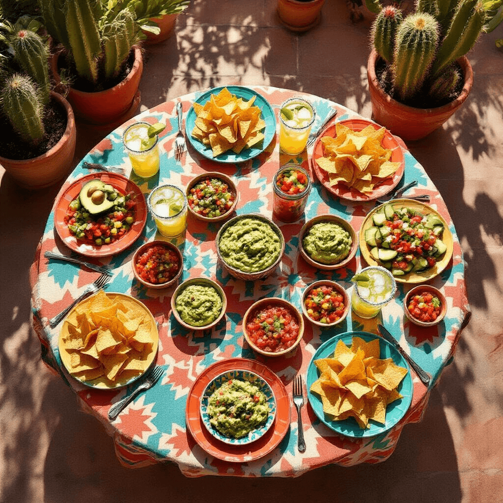 Pool Party Snacks: The Ultimate Guide to Delicious & Photogenic Summer Bites An overhead shot of a Tex-Mex inspired table setting on a sunlit patio, featuring a geometric print tablecloth, colorful plates with chips and salsas, mason jars of margaritas, and cacti in painted pots, all highlighted by strong midday shadows.