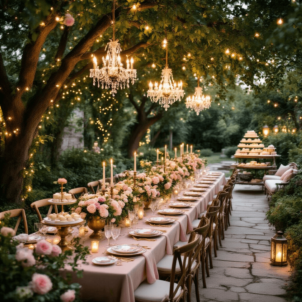 Pool Party Invitations: Your Ultimate Guide to Splash-Worthy Invites An overhead view of an enchanting garden soirée featuring long farm tables under fairy-lit trees, elegantly set with floral china, gold flatware, and crystal stemware on blush linen runners, adorned with lush floral centerpieces in antique brass vessels, vintage chandeliers casting a romantic glow, and a dessert cart filled with tiered cakes and petit fours, with twinkling lanterns lining stone pathways to cozy seating areas.