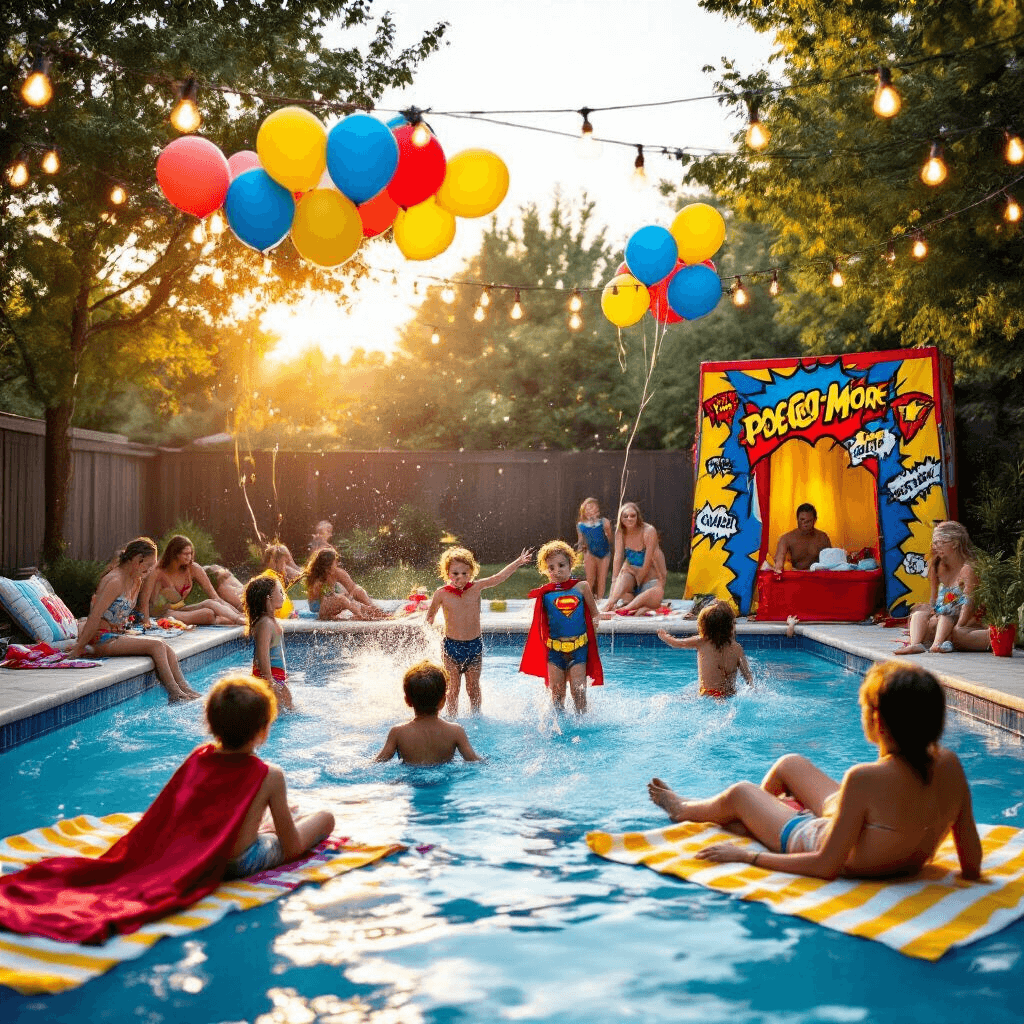 The Ultimate Guide to Creating an Unforgettable Kids Pool Party A lively backyard pool party during golden hour, featuring kids in colorful superhero capes splashing in a pool surrounded by comic book balloons. Parents relax on aqua and yellow towels, while a rescue mission game takes place by a photo booth with a red and blue backdrop. Fairy lights overhead create a magical ambiance, illuminating the shimmering water and joyful faces.