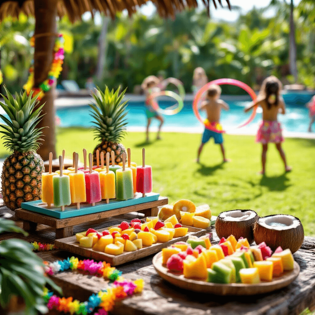 The Ultimate Guide to Creating an Unforgettable Kids Pool Party A vibrant tropical luau poolside celebration showcasing a colorful snacks station with a rainbow popsicle bar and fruit kebabs, framed by pineapple decorations and leis. Children enjoy a hula hoop contest on green grass, while tiki-style refreshments in coconut cups enhance the festive atmosphere.