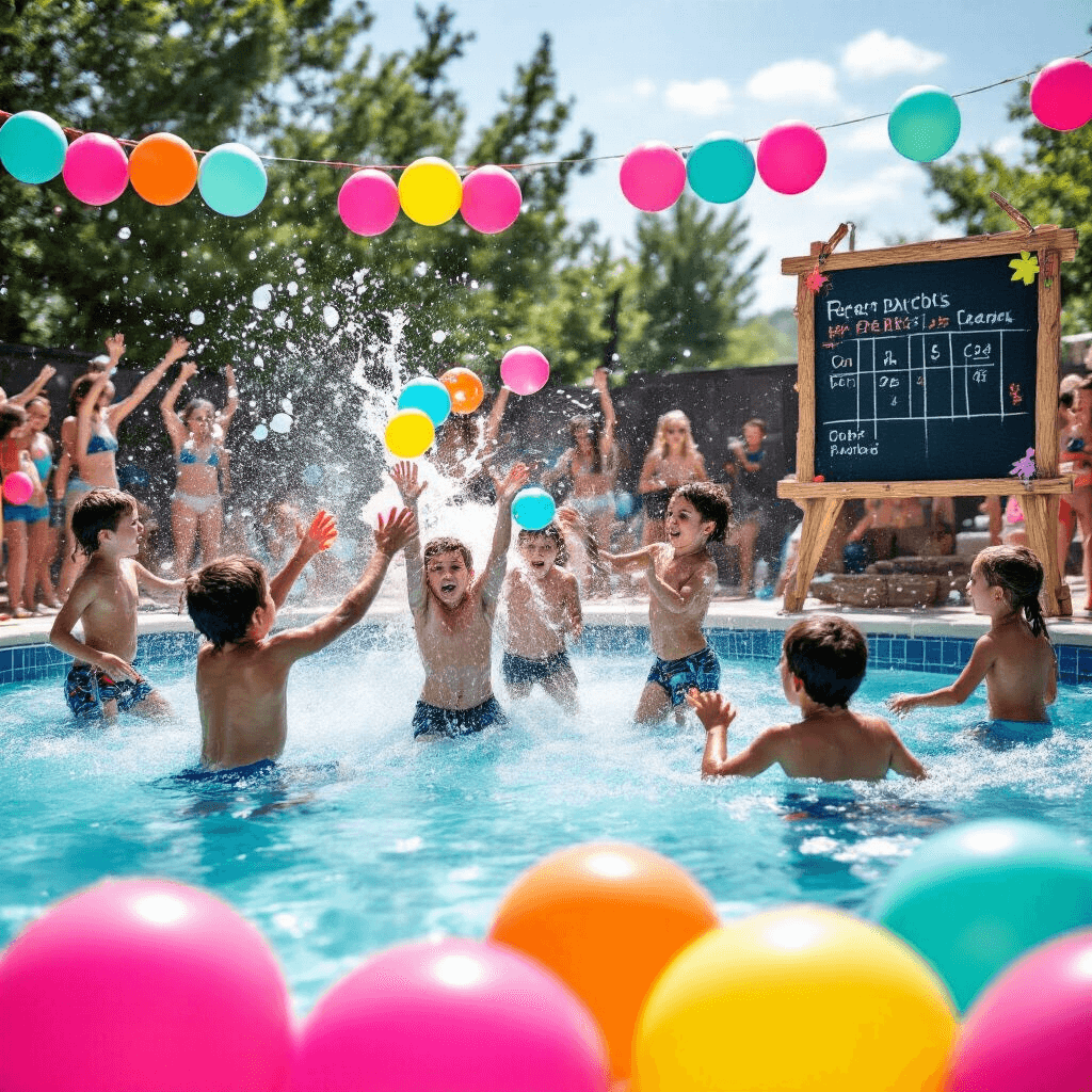 The Ultimate Guide to Creating an Unforgettable Kids Pool Party A vibrant pool party scene with kids in mid-water balloon battle, colorful droplets flying through the air, inflatable targets in clear water, cheering spectators at the edge, and a driftwood and chalkboard scoreboard, all framed by hot pink and aqua balloons.