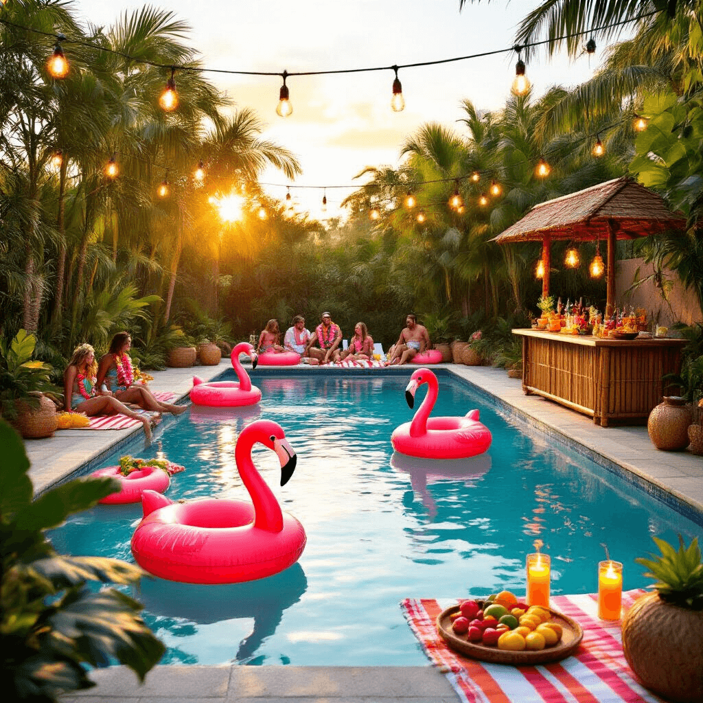 Summer Pool Party: The Ultimate Guide to Throwing an Epic Poolside Bash A vibrant luau-themed backyard pool party at golden hour, featuring inflatable flamingo floats, lush potted palms, flickering tiki torches, a bamboo bar with fruit skewers and coconut cocktails, and guests in tropical attire lounging on striped beach towels under glowing fairy lights.