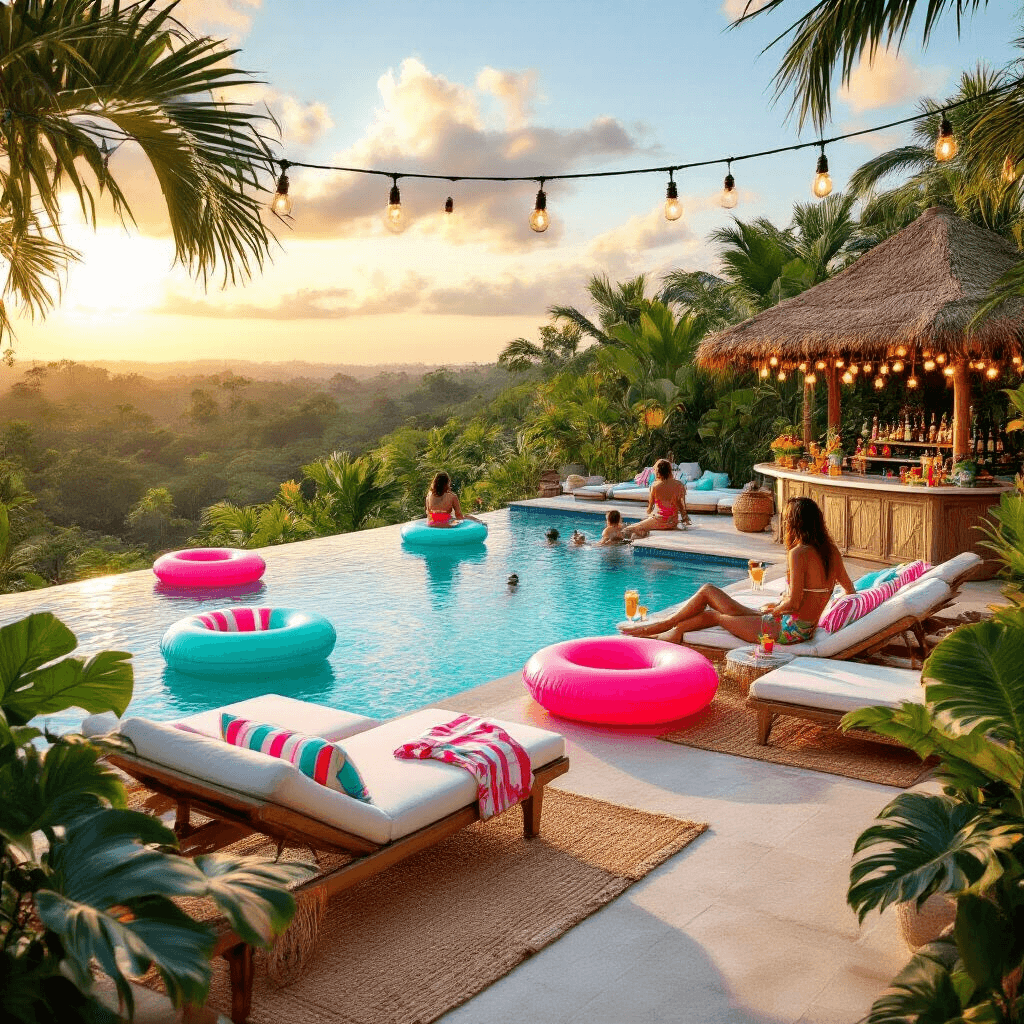 Pool Party Aesthetic: Your Ultimate Summer Styling Guide A luxurious infinity pool overlooks a lush tropical landscape at golden hour, featuring vibrant inflatables in crystal-clear water, plush loungers, a tiki bar with fairy lights, and guests in retro swimwear socializing amid palm fronds and string lights.