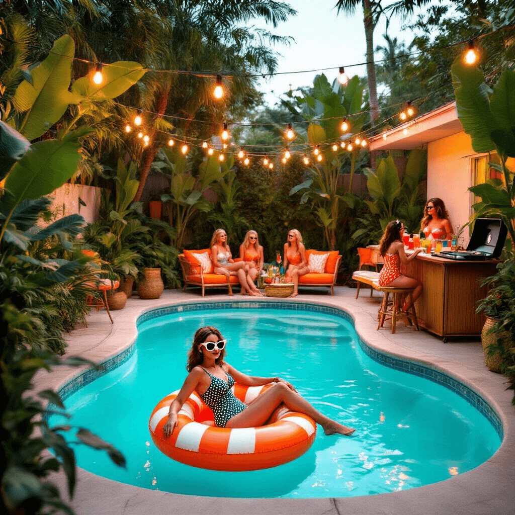 Bachelorette Pool Party: The Ultimate Content Creation Guide A lively retro poolside bachelorette scene featuring a bride in a polka dot swimsuit amidst lush tropical plants and mid-century modern furniture, with string lights overhead and guests enjoying drinks at a tiki bar.