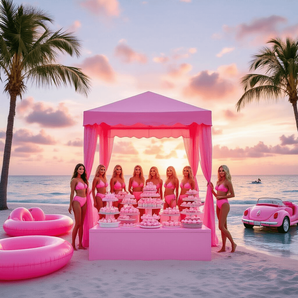 Bachelorette Pool Party: The Ultimate Content Creation Guide A whimsical sunset beach scene featuring a pink pop-up cabana with a dessert station adorned with pastel macarons and cupcakes. A bridal party in pink ombré swimsuits poses in front of a giant Barbie box frame, surrounded by swaying palm trees and inflatable pink convertibles in the gentle waves. The sky displays vibrant shades of pink and orange in a dreamy atmosphere.
