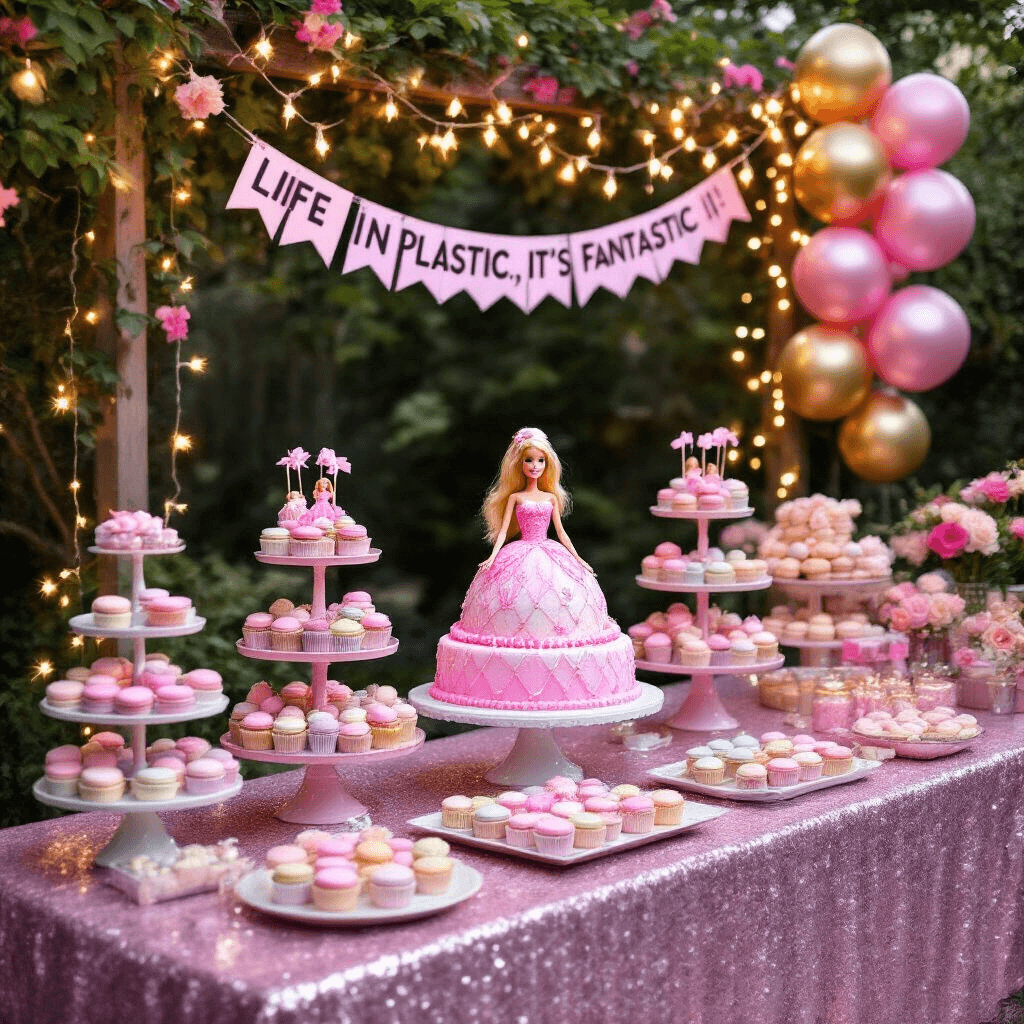 Barbie Pool Party: The Ultimate Glam Summer Celebration Guide An enchanting Barbie-themed dessert table in a backyard setting, featuring a sequined pink tablecloth, tiered cake stands filled with pastel macarons, doll-topped cupcakes, and a Barbie doll cake centerpiece, all under twinkling fairy lights, with metallic balloons and a floral trellis banner in the background.