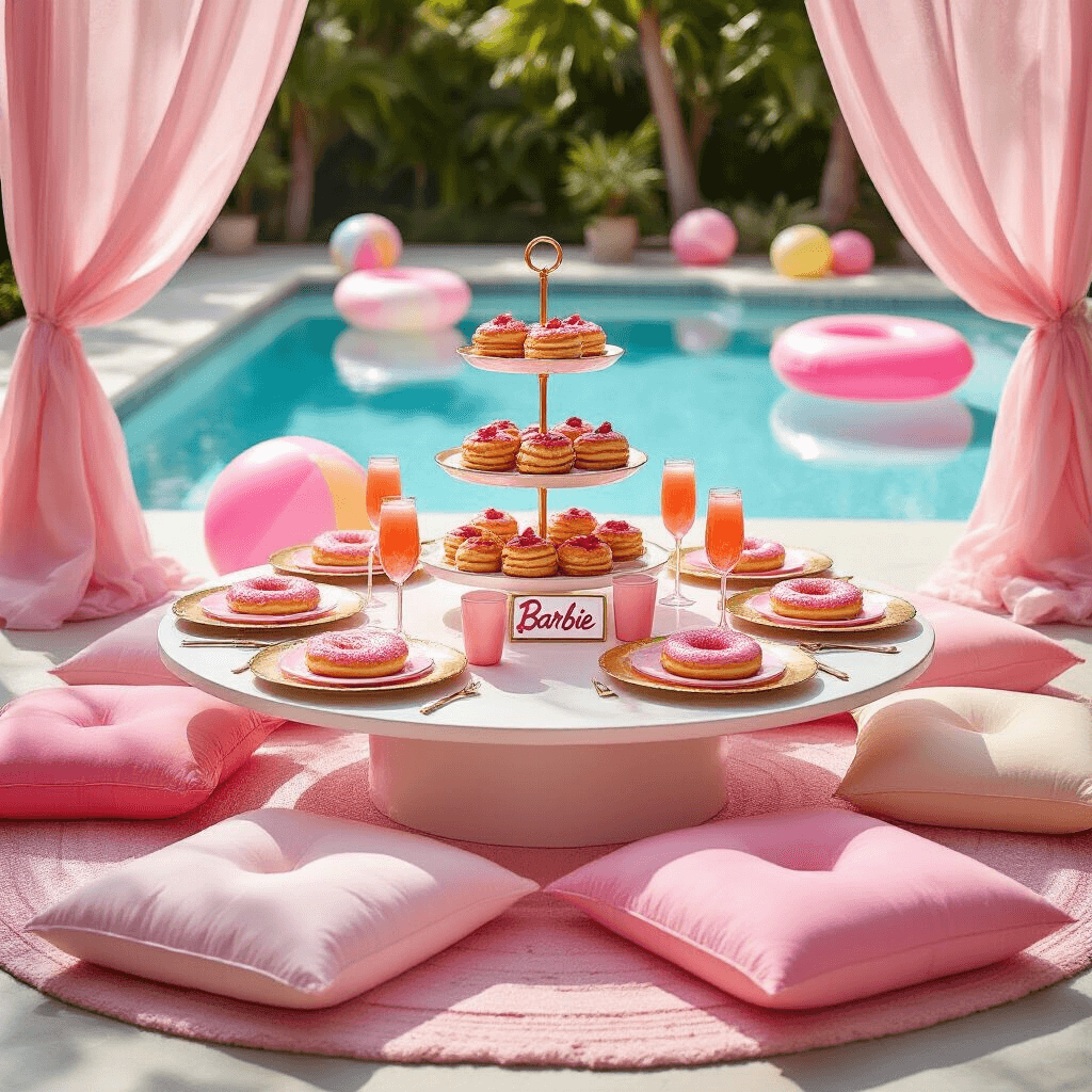 Barbie Pool Party: The Ultimate Glam Summer Celebration Guide A whimsical poolside brunch setup inspired by Barbie, featuring a low table with gold-rimmed plates and personalized nameplates, surrounded by pink floor cushions. A tiered stand displays pink breakfast treats, while oversized beach balls and pool floats complement the scene, all illuminated by soft morning light through pink drapery.