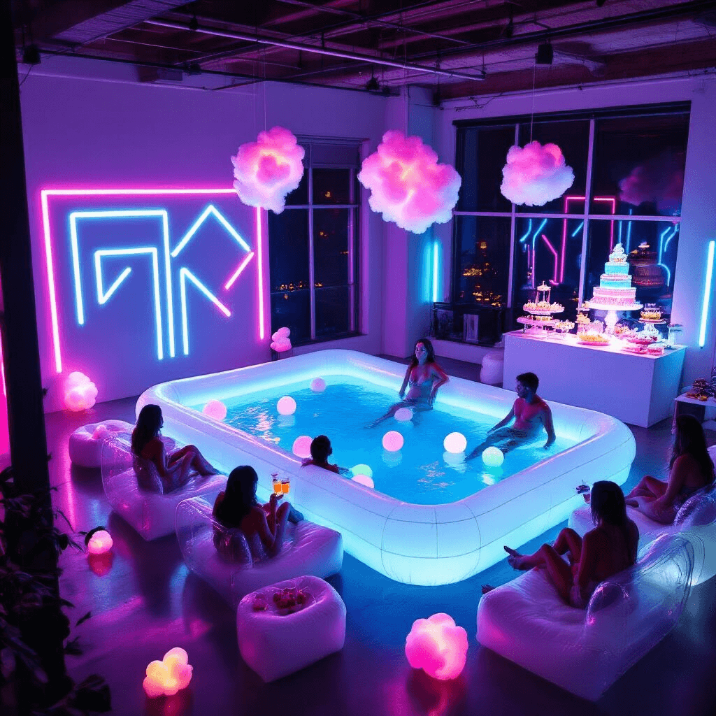 Neon Pool Party: The Ultimate Guide to Creating a Glowing Nighttime Celebration A modern loft apartment transformed for a neon pool party, featuring a large inflatable pool, sleek white furniture, geometric neon tape patterns, floating LED orbs, a dessert table with glow-in-the-dark treats, and guests relaxing in clear inflatable chairs with drinks adorned with glowing ice cubes.