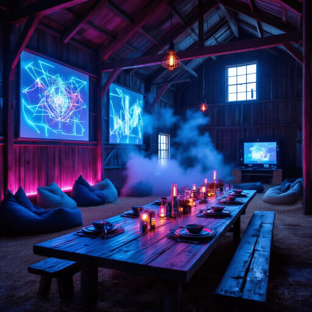 Neon Pool Party: The Ultimate Guide to Creating a Glowing Nighttime Celebration A transformed rustic barn interior featuring LED lights in blues and purples, a metallic farmhouse table with tech-inspired centerpieces, holographic projections of digital art on the walls, a VR gaming station, and a cozy hayloft chill-out zone with bean bags and fog effects, captured from the entrance.