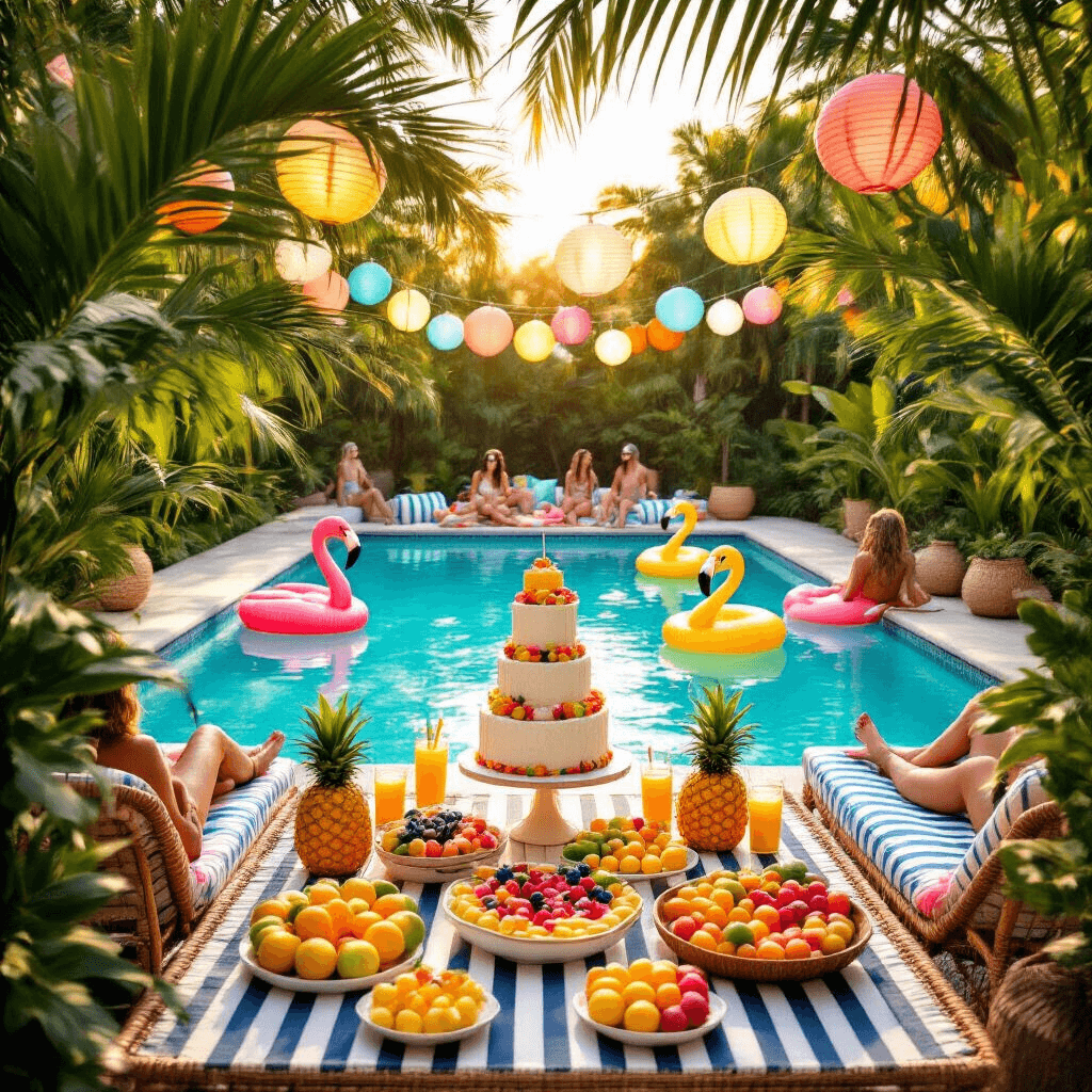Pool Birthday Party: Your Ultimate Guide to a Splash-tastic Celebration A sunlit backyard pool party featuring a turquoise pool with inflatable flamingos and pineapples, surrounded by palm fronds. A dessert table with a tiered coconut cake and colorful fruit platters is prominent, while guests relax on striped beach towels and rattan furniture, sipping from coconut shells beneath glowing paper lanterns.