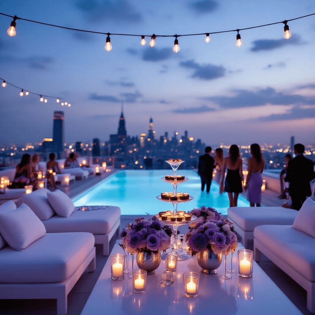 Pool Birthday Party: Your Ultimate Guide to a Splash-tastic Celebration Intimate rooftop pool party at twilight with fairy lights, a sleek infinity pool reflecting the skyline, minimalist lounge chairs, a champagne tower, and elegantly dressed guests mingling against a dusky sky.