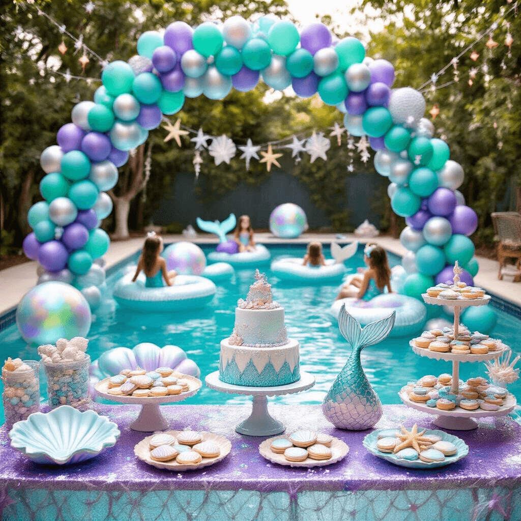 Pool Birthday Party: Your Ultimate Guide to a Splash-tastic Celebration A whimsical mermaid-themed pool party featuring a vibrant balloon arch, clamshell floats, ocean-inspired desserts, and young guests in colorful mermaid tails, viewed from a low angle near the water's edge.