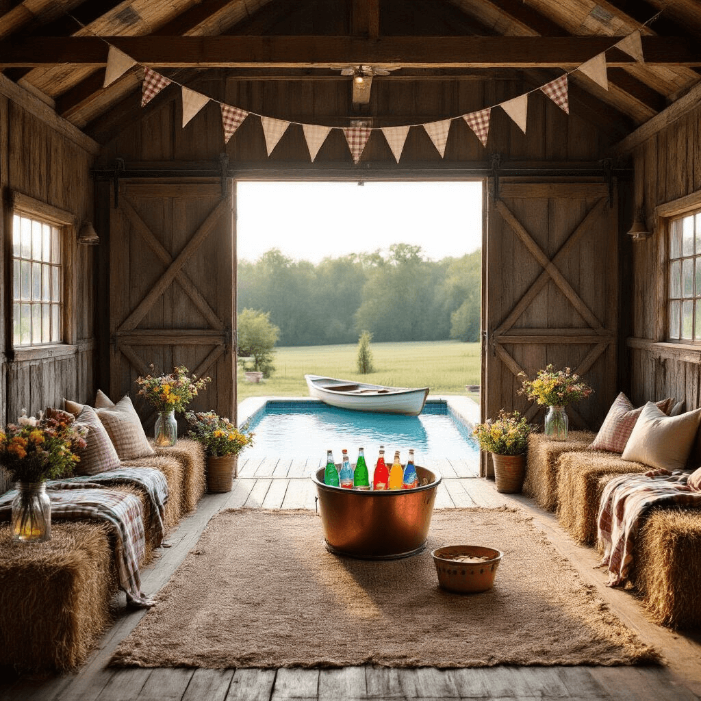 Pool Birthday Party: Your Ultimate Guide to a Splash-tastic Celebration A rustic-chic pool party set in a converted barn with wide open doors, featuring a sparkling pool, weathered wood decking, mason jars of wildflowers, gingham bunting, a vintage rowboat drink cooler, hay bale seating with quilts, and a cozy s'mores station with a copper fire pit.