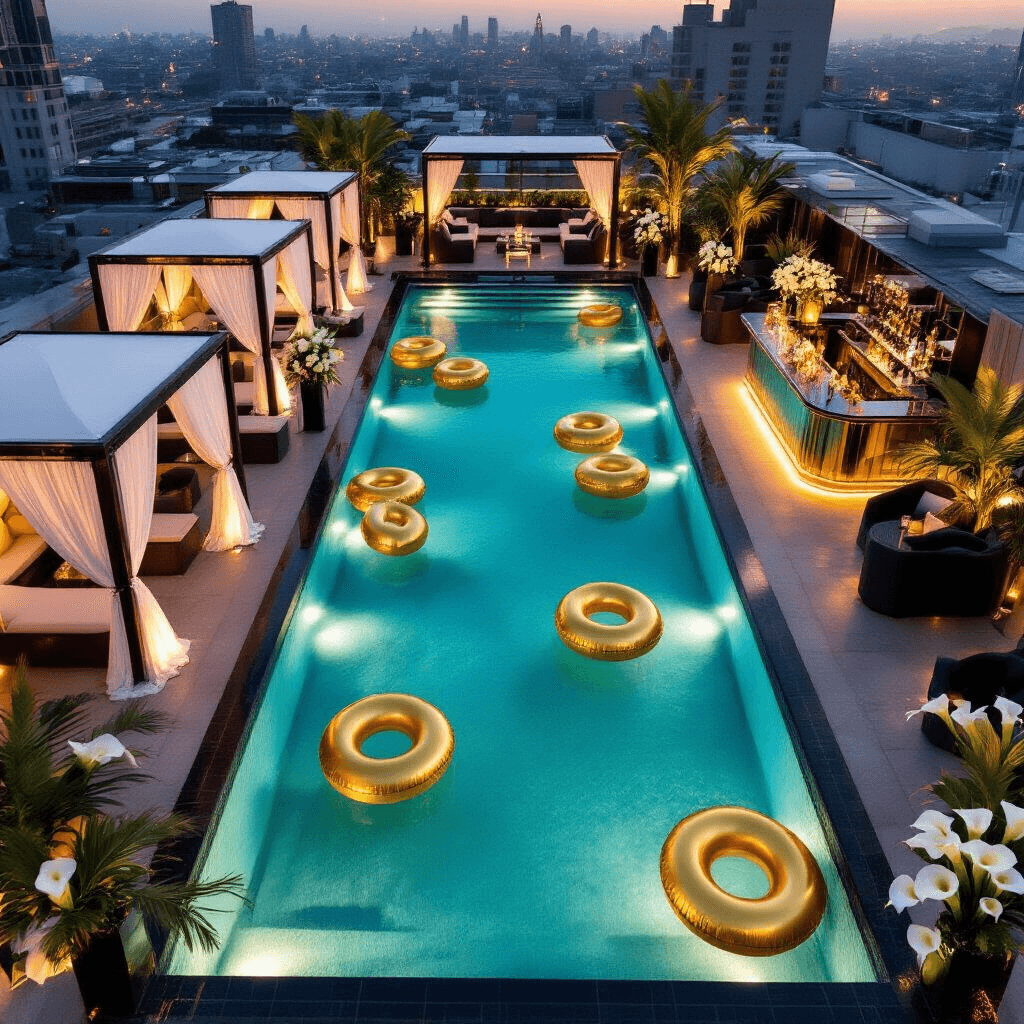 Pool Birthday Party: Your Ultimate Guide to a Splash-tastic Celebration Aerial view of a luxurious hotel rooftop pool party with geometric black and white tiled pool, gold inflatables, sleek cabanas, mirrored bar, and elegant floral arrangements, all illuminated by warm uplighting at twilight.