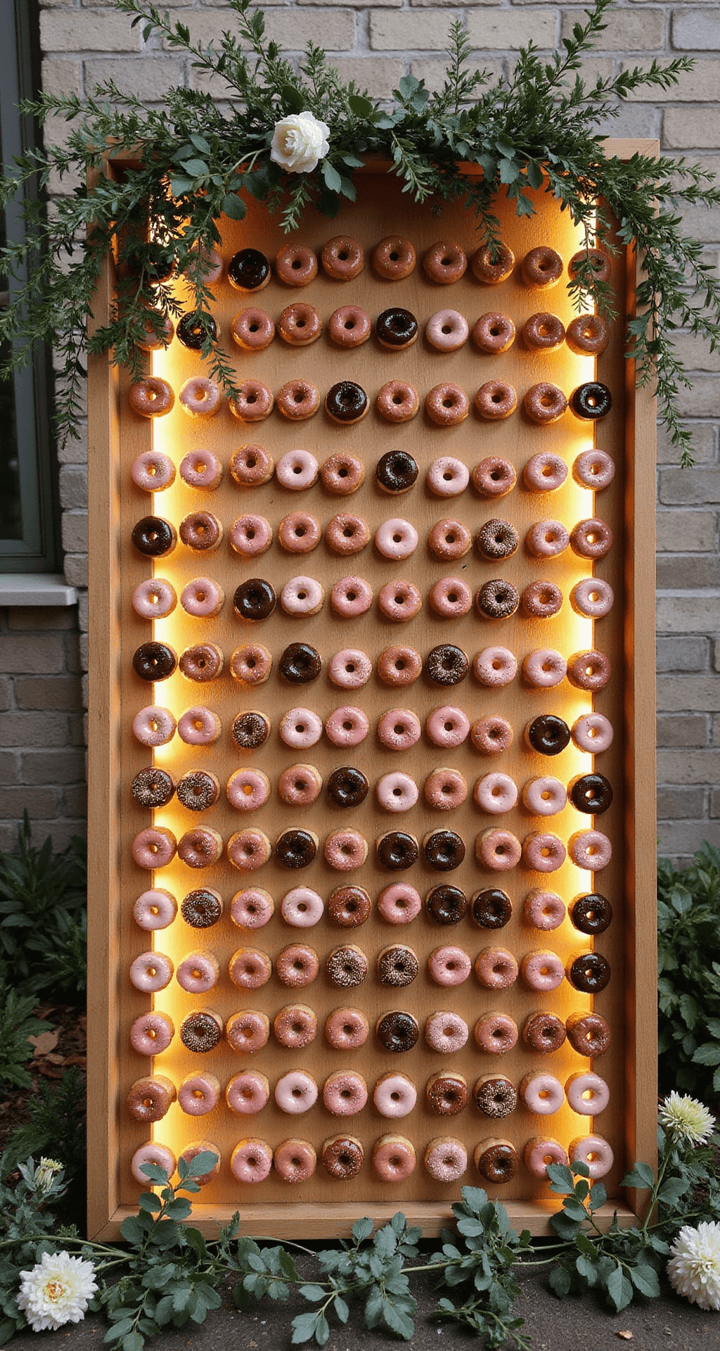 Wedding Cake Alternatives: Delicious Dessert Options Beyond Traditional Cake A wooden wall display featuring rows of artisanal donuts in various glazes, framed by fresh flowers and eucalyptus, illuminated by golden ambient lighting.