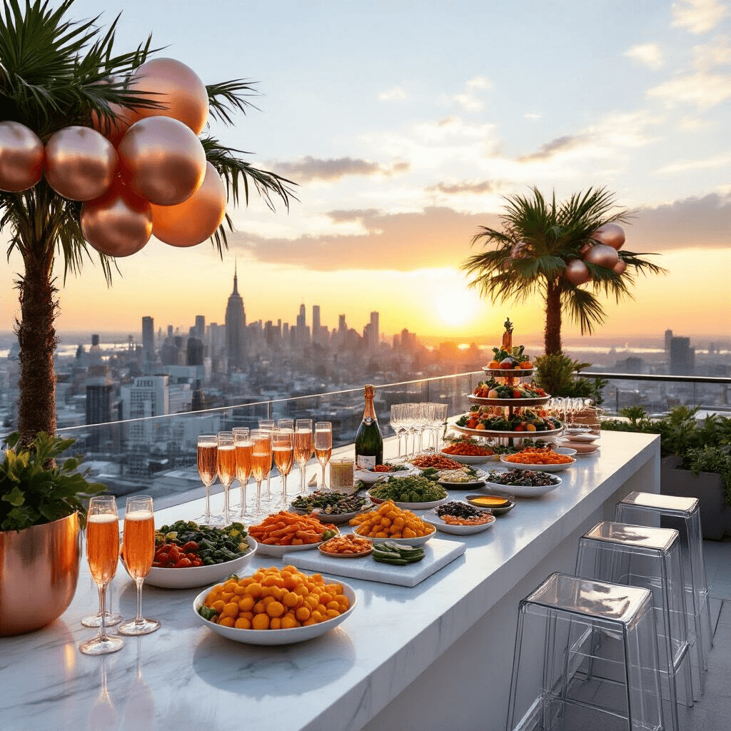 Top Pool Party Food Ideas: Your Ultimate Guide to Crowd-Pleasing Eats A modern rooftop terrace at sunset features a sleek white bar with acrylic ghost stools, colorful vegetable platters, dips, zucchini bites on marble boards, and a champagne tower with bubbling prosecco in rose gold coupes, framed by metallic balloon garlands and potted palms, all set against a warm, glowing city skyline.