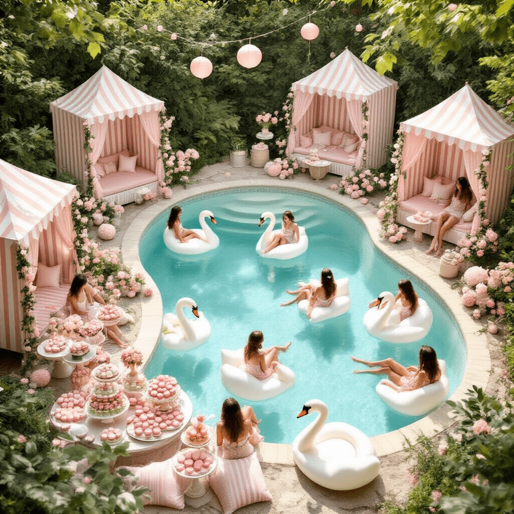 Ultimate Summer Pool Party Guide: Create Instagram-Worthy Memories A whimsical garden pool party featuring a kidney-shaped pool surrounded by lush greenery, pastel-colored floral garlands draping across the water, vintage striped cabanas, a dessert cart filled with macarons and cupcakes, guests on swan floats enjoying cocktails, and delicate paper lanterns swaying in the morning light.