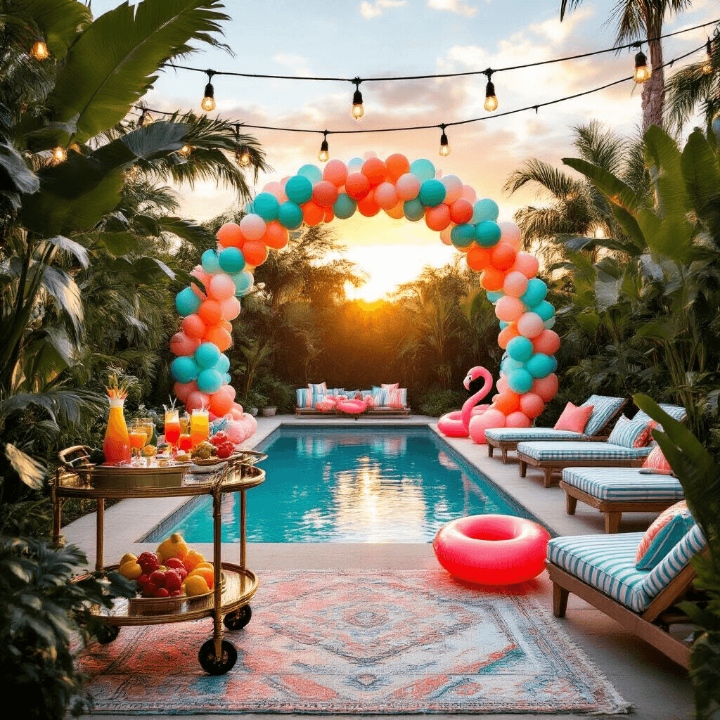 Pool Party Decorations: Essential Ideas, Must-Haves & Creative Details A sunlit poolside scene featuring a balloon arch in aqua, coral, and gold, surrounded by tropical plants, string lights, a stylish bar cart with cocktails, plush lounge chairs, and colorful floats, all reflecting the warm sunset hues.