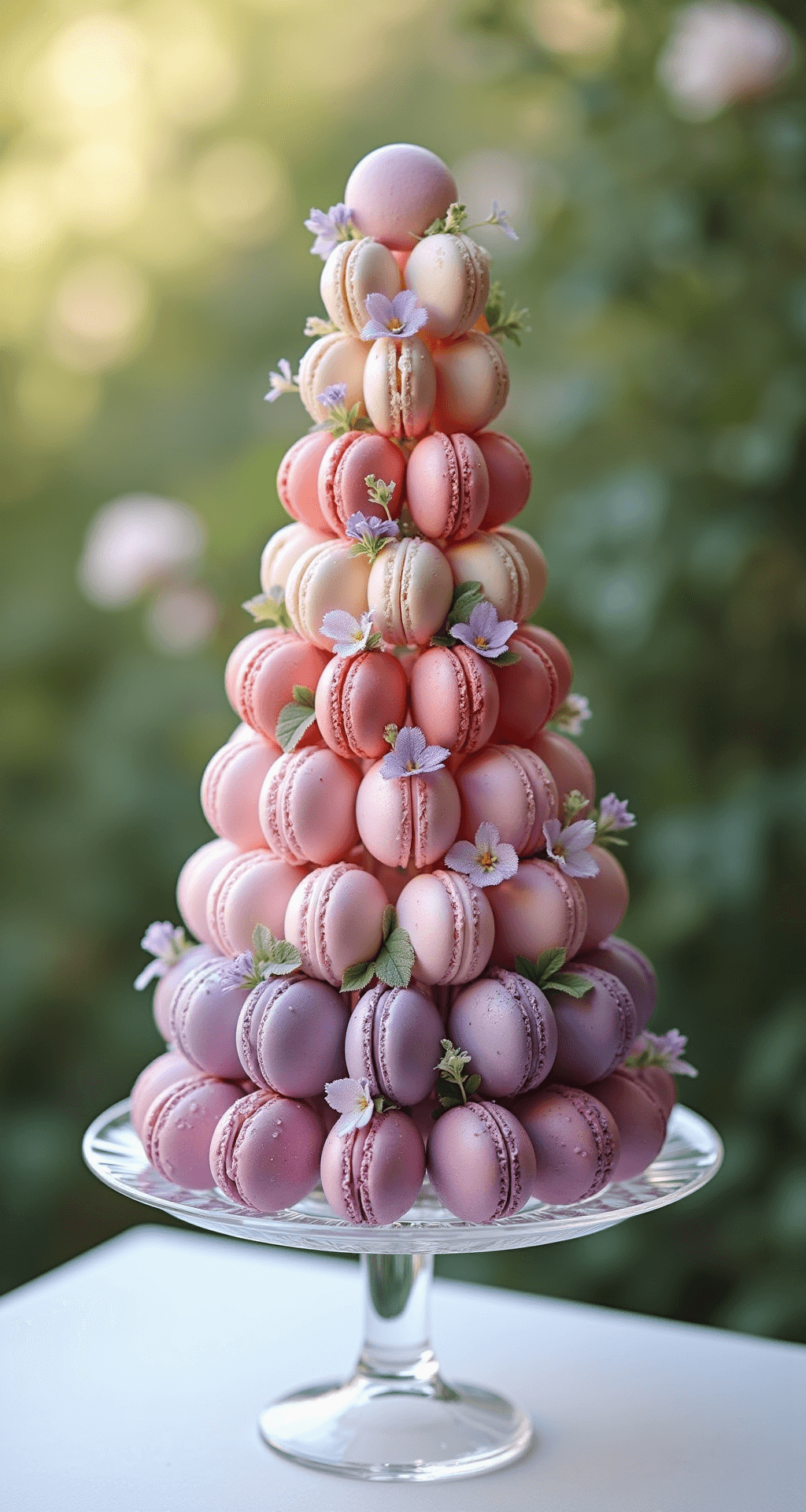 Wedding Cake Alternatives: Delicious Dessert Options Beyond Traditional Cake A crystal display stand showcases a spiral arrangement of elegant French macarons in ombré pastel shades, adorned with fresh edible flowers and silver leaf, glistening in soft afternoon light.