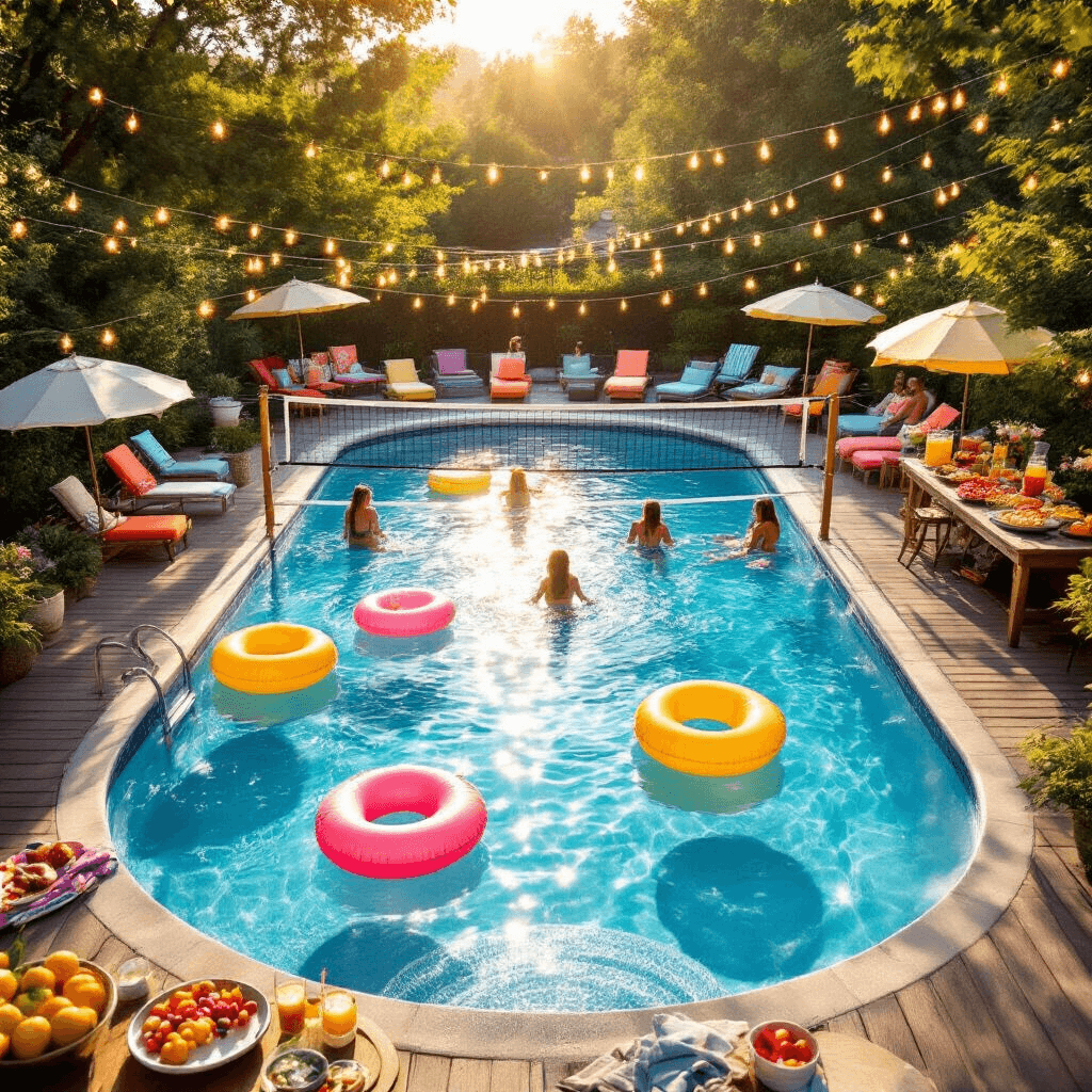 Pool Party Games: Splash-Tastic Fun for Everyone! A vibrant summer backyard pool party at golden hour, featuring a sparkling in-ground pool with whimsical inflatable floats, players engaged in a volleyball game, and colorful lounge chairs and umbrellas around the pool. Strings of fairy lights hang above, and a wooden deck is set up with a snack and drink station.