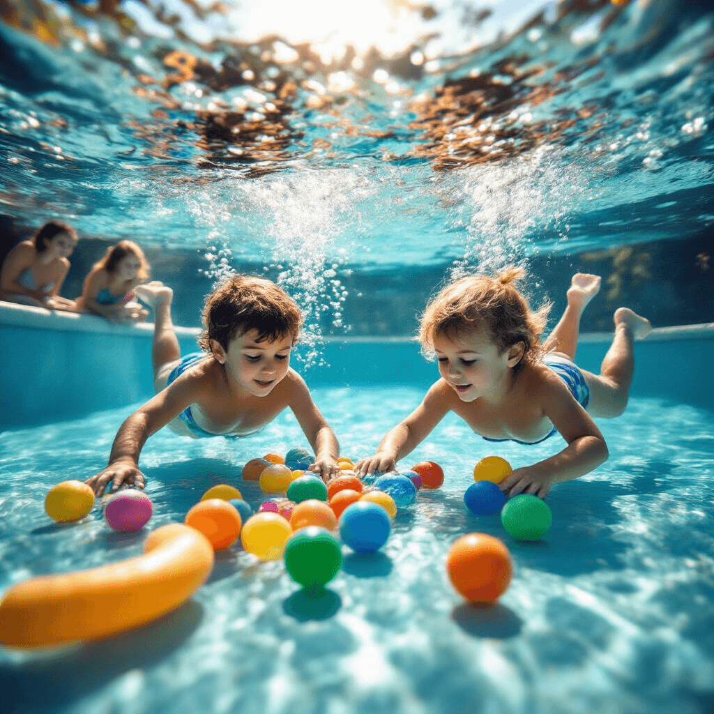 Pool Party Games: Splash-Tastic Fun for Everyone! Close-up of children diving in a crystal-clear pool, searching for colorful objects on the bottom, with bubbles rising and sunlight creating patterns underwater, while floating pool toys and parents watch from the edge.