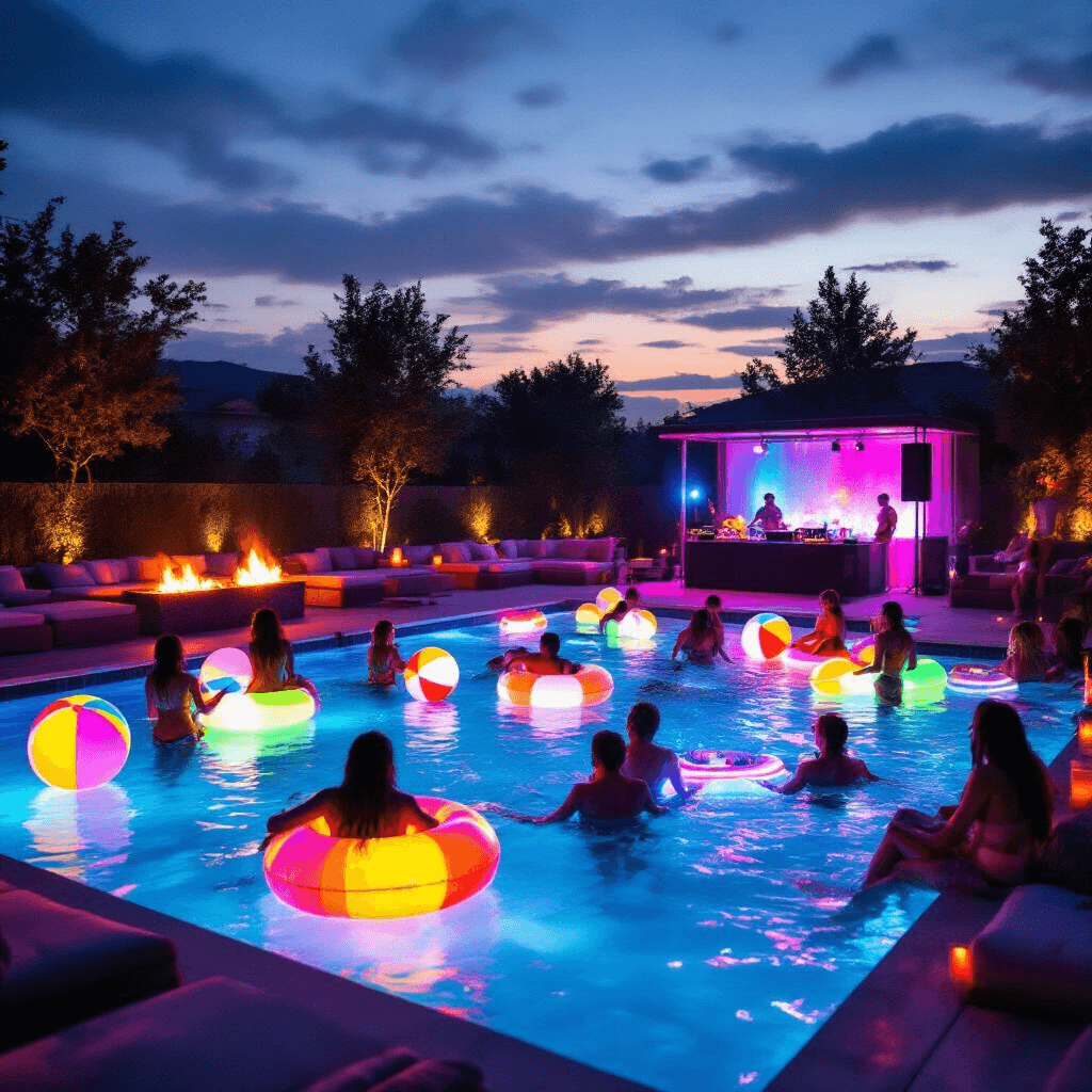 Pool Party Games: Splash-Tastic Fun for Everyone! A lively nighttime pool party scene featuring colorful underwater lights, people playing with glow beach balls, floating on LED-lit inflatables, and socializing at a floating bar, surrounded by fire pits and a DJ booth, capturing the festive midsummer atmosphere.