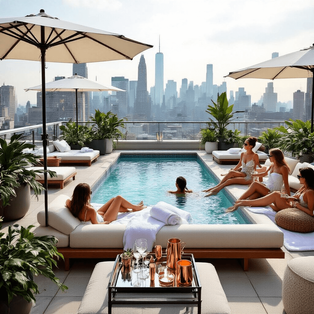 Pool Party Games: Splash-Tastic Fun for Everyone! Intimate urban rooftop pool gathering featuring a sleek plunge pool, modern lounge furniture, oversized umbrellas, and greenery, with guests relaxing and a skyline backdrop.