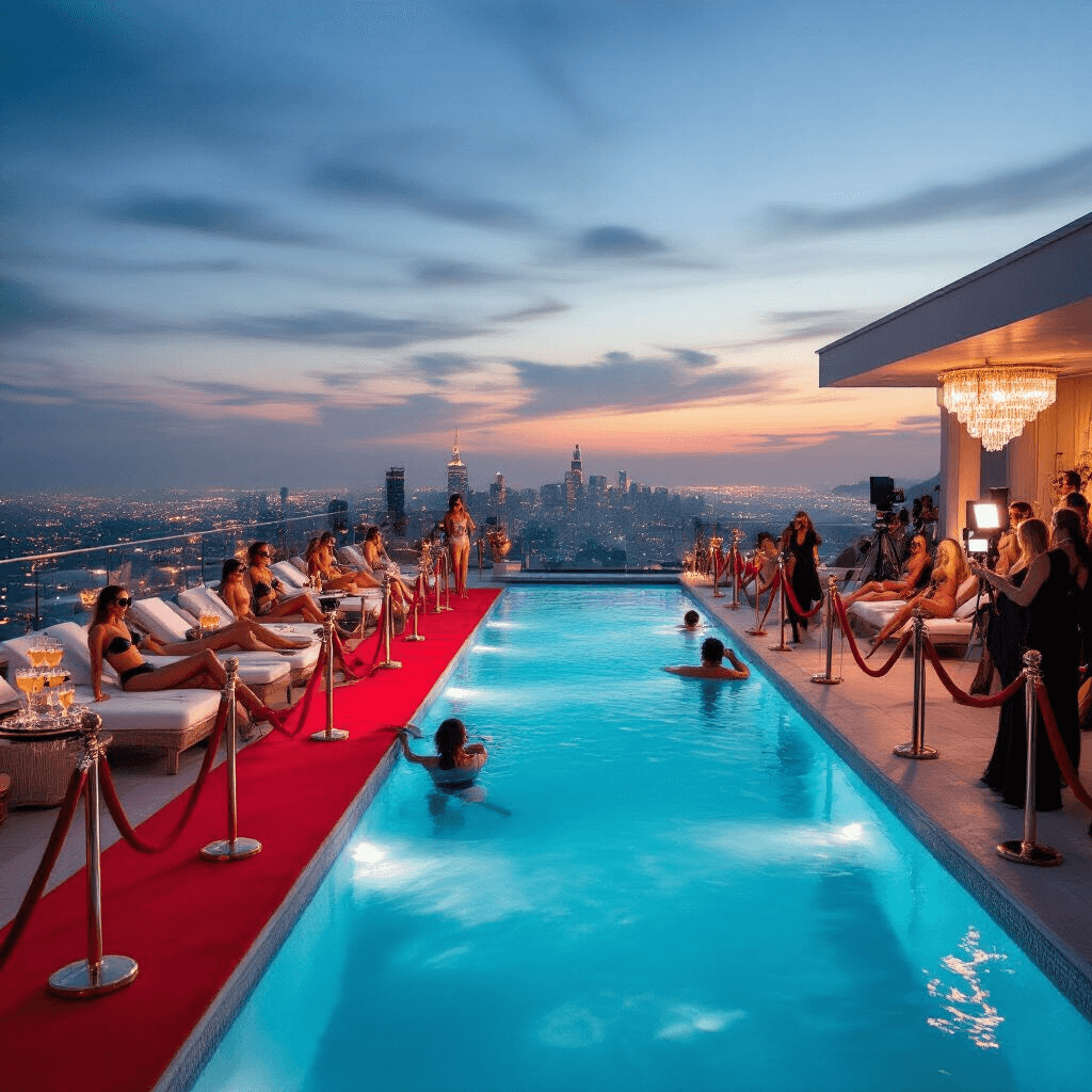 9 Epic Pool Party Themes That Will Make a Splash This Summer A glamorous twilight rooftop pool party featuring an infinity pool with city lights, a red carpet, guests in designer swimwear, champagne towers, and a photo booth for capturing celebrity-like moments.