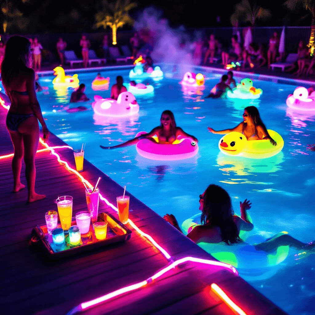 9 Epic Pool Party Themes That Will Make a Splash This Summer A vibrant neon pool party at night, featuring glowing water at the pool's edge, colorful LED-lit deck, partygoers in fluorescent swimwear on luminous inflatable animals, and trays of smoky cocktails, all illuminated by glow sticks and light-up accessories against a dark sky.