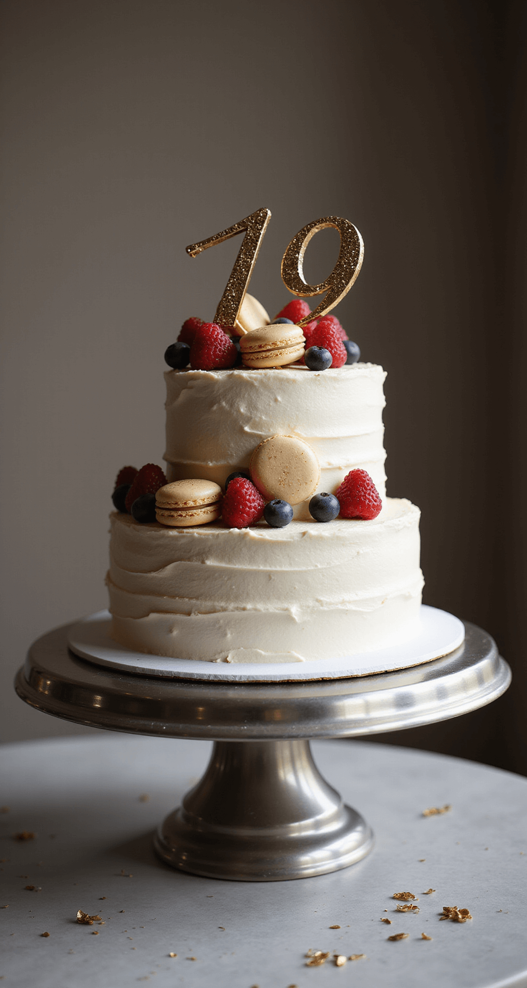 19th Birthday Cake: A Deliciously Custom Celebration Masterpiece A two-layer birthday cake on a silver stand, adorned with white frosting, fresh berries, golden macarons, and a metallic '19' topper, set against a soft-focus background with sparkling edible sprinkles.