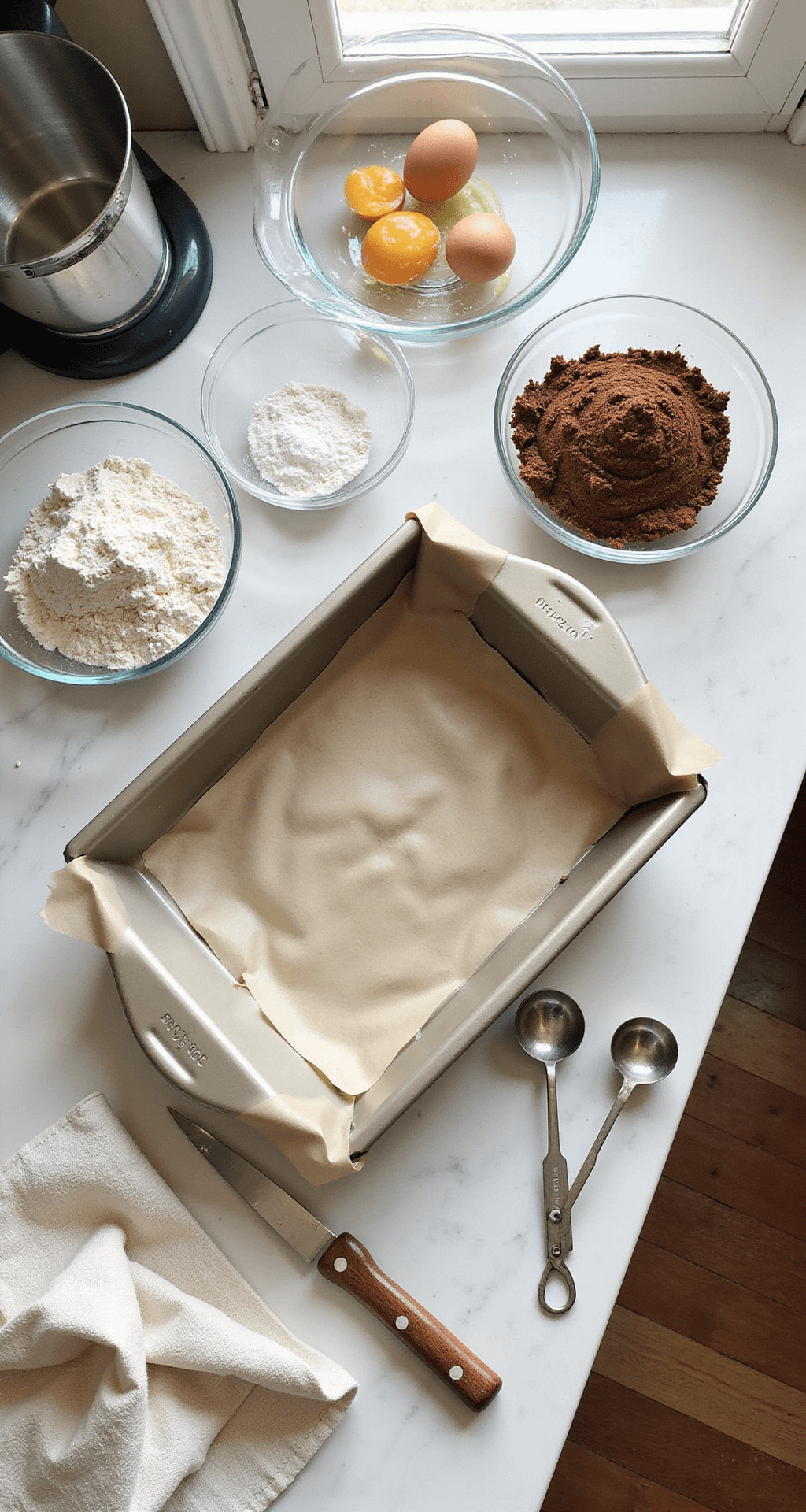 Construction Birthday Cake: The Ultimate Digger-Approved Dessert Overhead view of a pristine kitchen counter neatly arranged with baking ingredients including flour, cocoa powder, and sugar in glass bowls, alongside farm-fresh eggs and measuring cups, illuminated by natural sunlight.