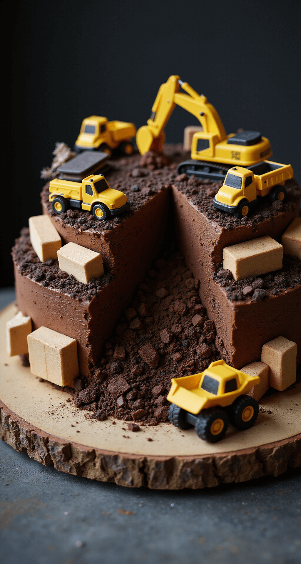 Construction Birthday Cake: The Ultimate Digger-Approved Dessert Close-up of a construction-themed cake with rich chocolate frosting textured like dirt, featuring mini yellow excavators, dump trucks, Oreo 'soil,' and chocolate rocks, set on a rustic wooden board with dramatic lighting.