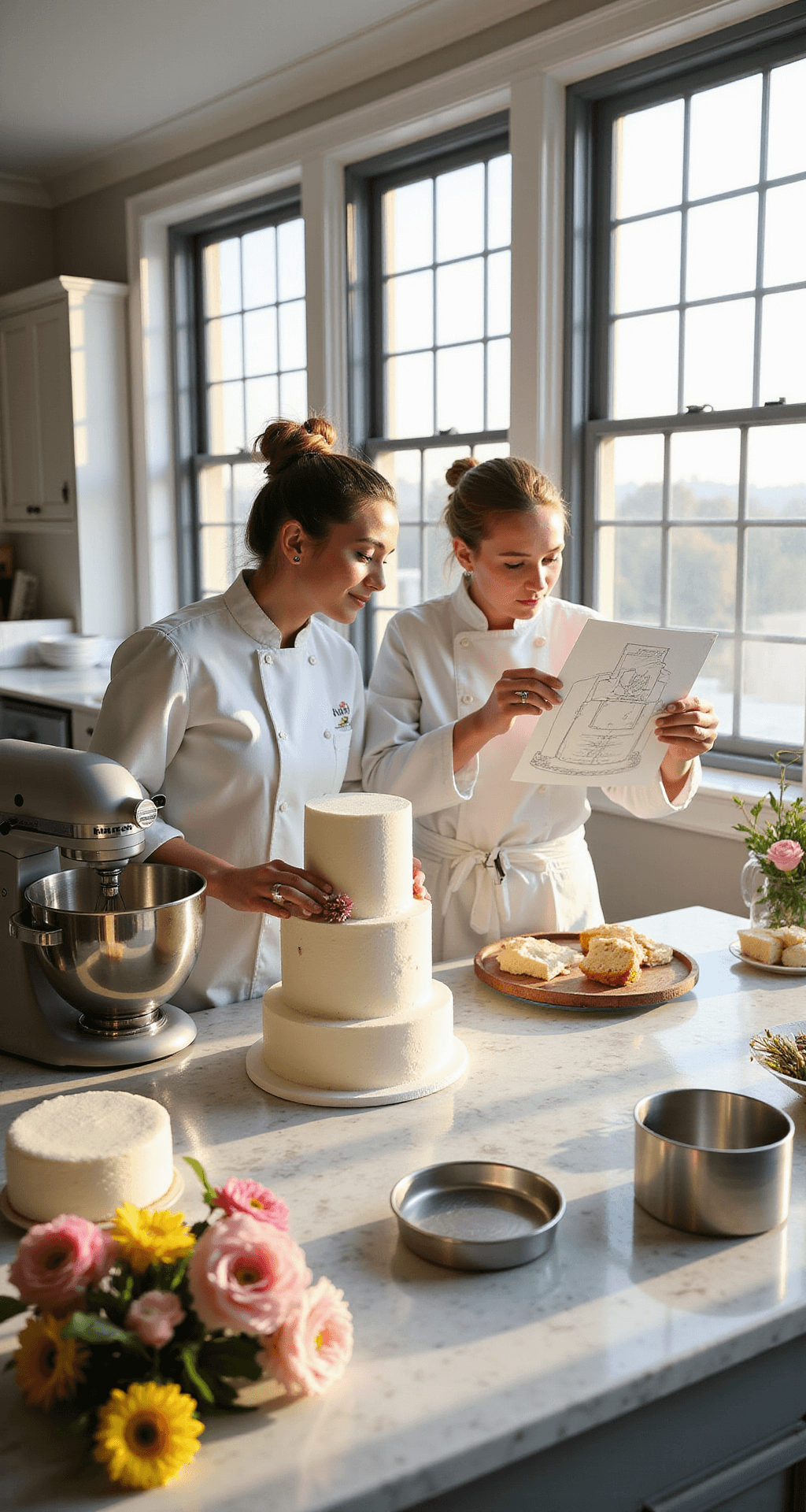Elegant Wedding Cake Design: The Ultimate Guide to Creating a Stunning Centerpiece A bright bakery kitchen with a marble countertop featuring a KitchenAid mixer, cake pans, fresh flowers, and a pastry chef reviewing a cake sketch.