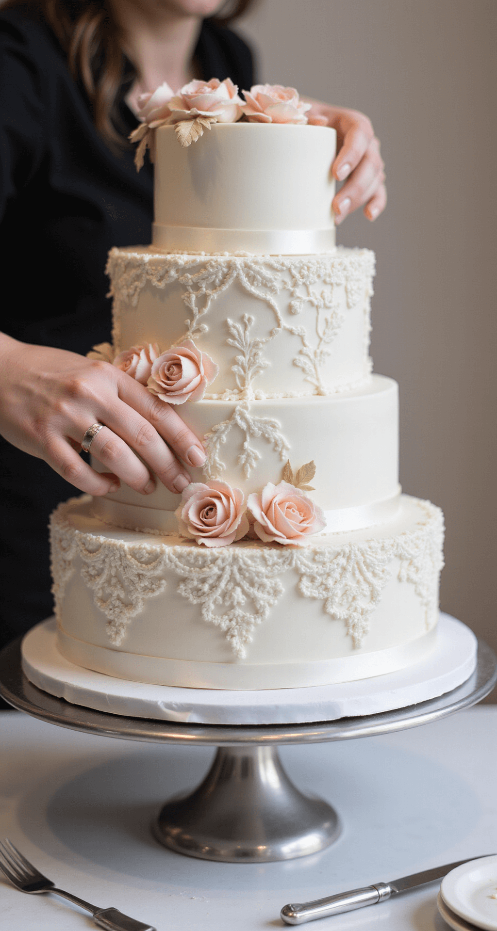 Elegant Wedding Cake Design: The Ultimate Guide to Creating a Stunning Centerpiece Close-up of hands applying pearl-white fondant to a multi-tiered wedding cake with lace patterns and blush sugar flowers on a silver turntable, surrounded by professional decorating tools in soft studio lighting.