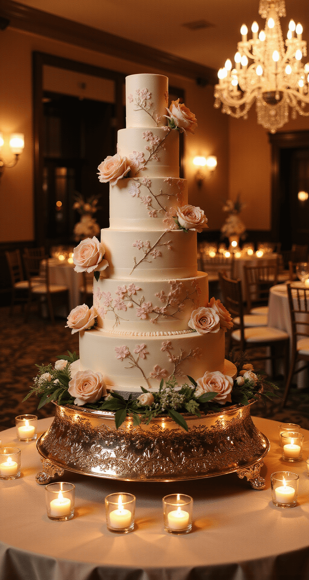 Wedding Cakes: The Sweet Centerpiece of Your Celebration A stunning 5-tier wedding cake with hand-painted botanicals and cascading sugar flowers, set on a silver stand in an elegant ballroom, illuminated by warm uplighting and surrounded by romantic votive candles and floral arrangements.