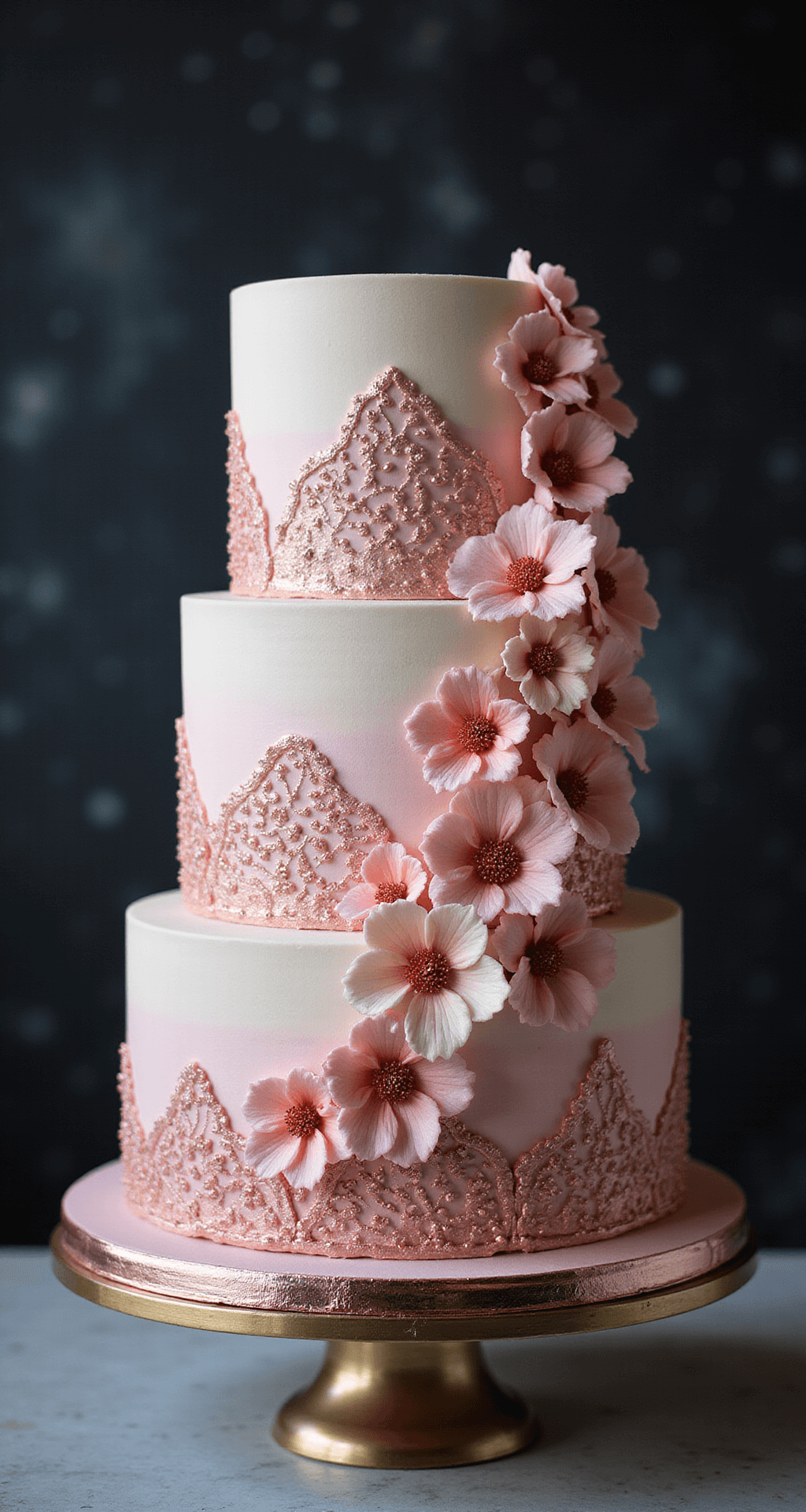 Ultimate Birthday Cake Guide for Women: Elegant, Personalized Cake Designs Close-up of an exquisite three-tier birthday cake with ombre pink to rose gold buttercream, adorned with handcrafted sugar flowers, metallic accents, intricate lace piping, and edible pearls, resting on a mirrored stand against a dark background with bokeh effects.