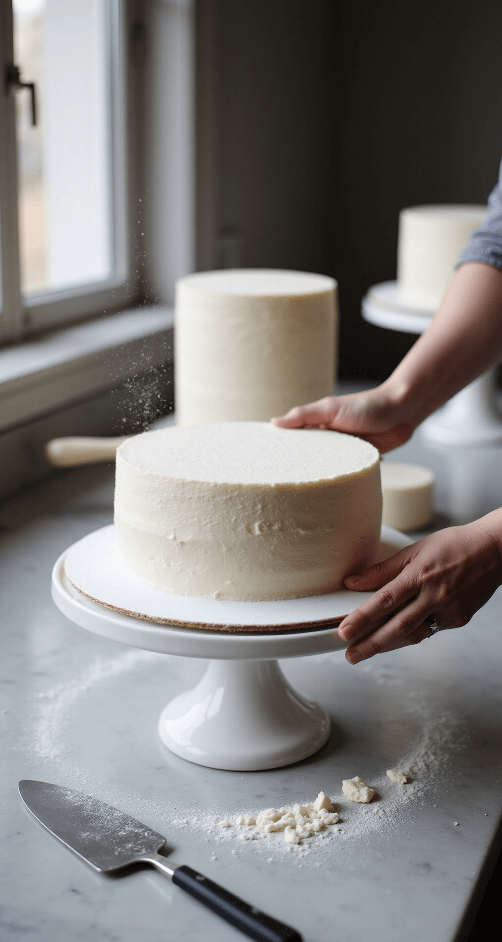 MODERN WEDDING CAKE: THE ULTIMATE SHOWSTOPPER GUIDE Close-up of a professional baker leveling a white cake layer on a marble countertop, with flour drifting in soft light and baking tools nearby, capturing the precise moment of trimming.