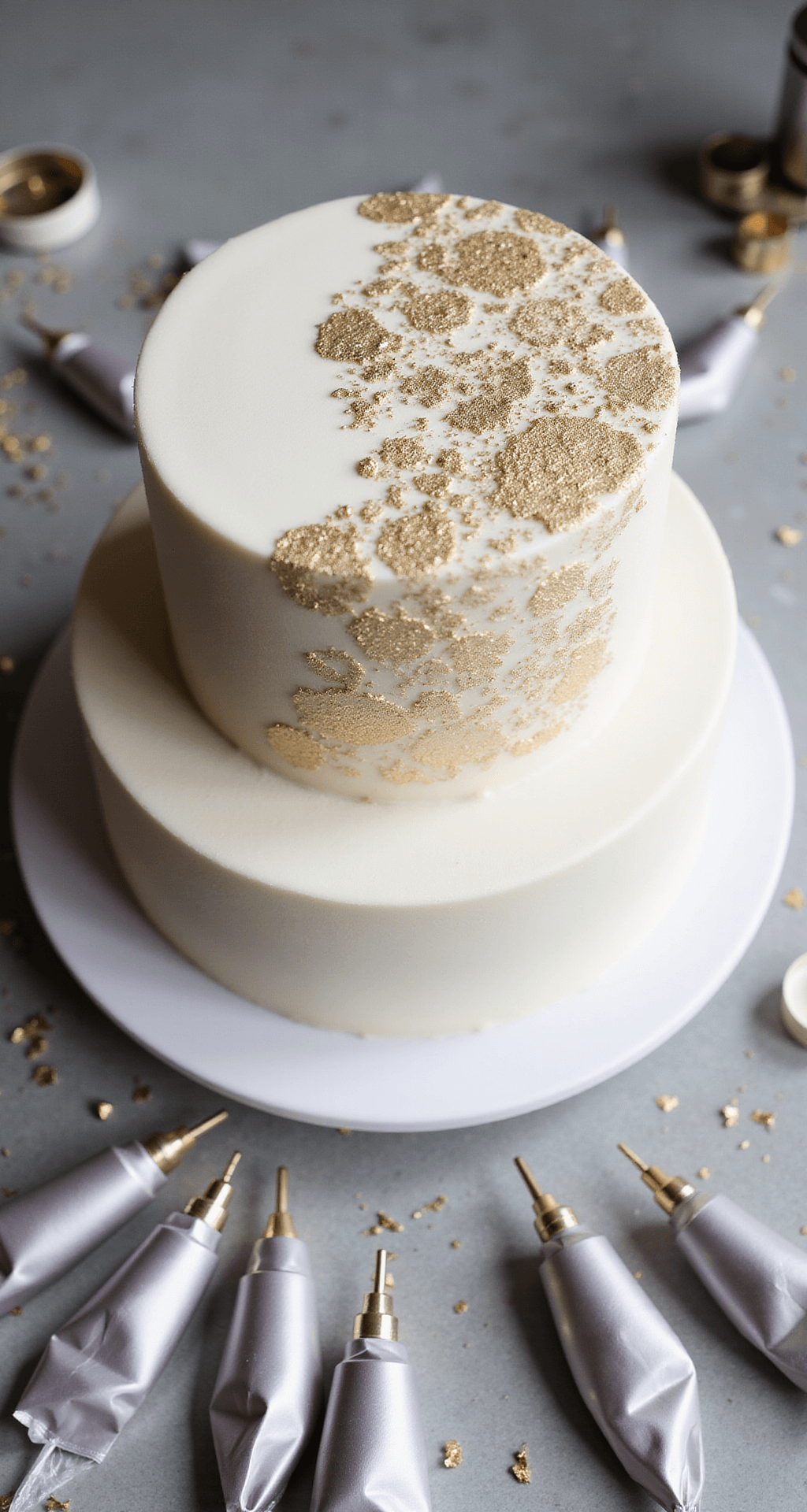 MODERN WEDDING CAKE: THE ULTIMATE SHOWSTOPPER GUIDE Dramatic overhead shot of a three-tier modern wedding cake decorated with metallic gold leaf on white fondant, surrounded by piping bags and tools in a professional kitchen.