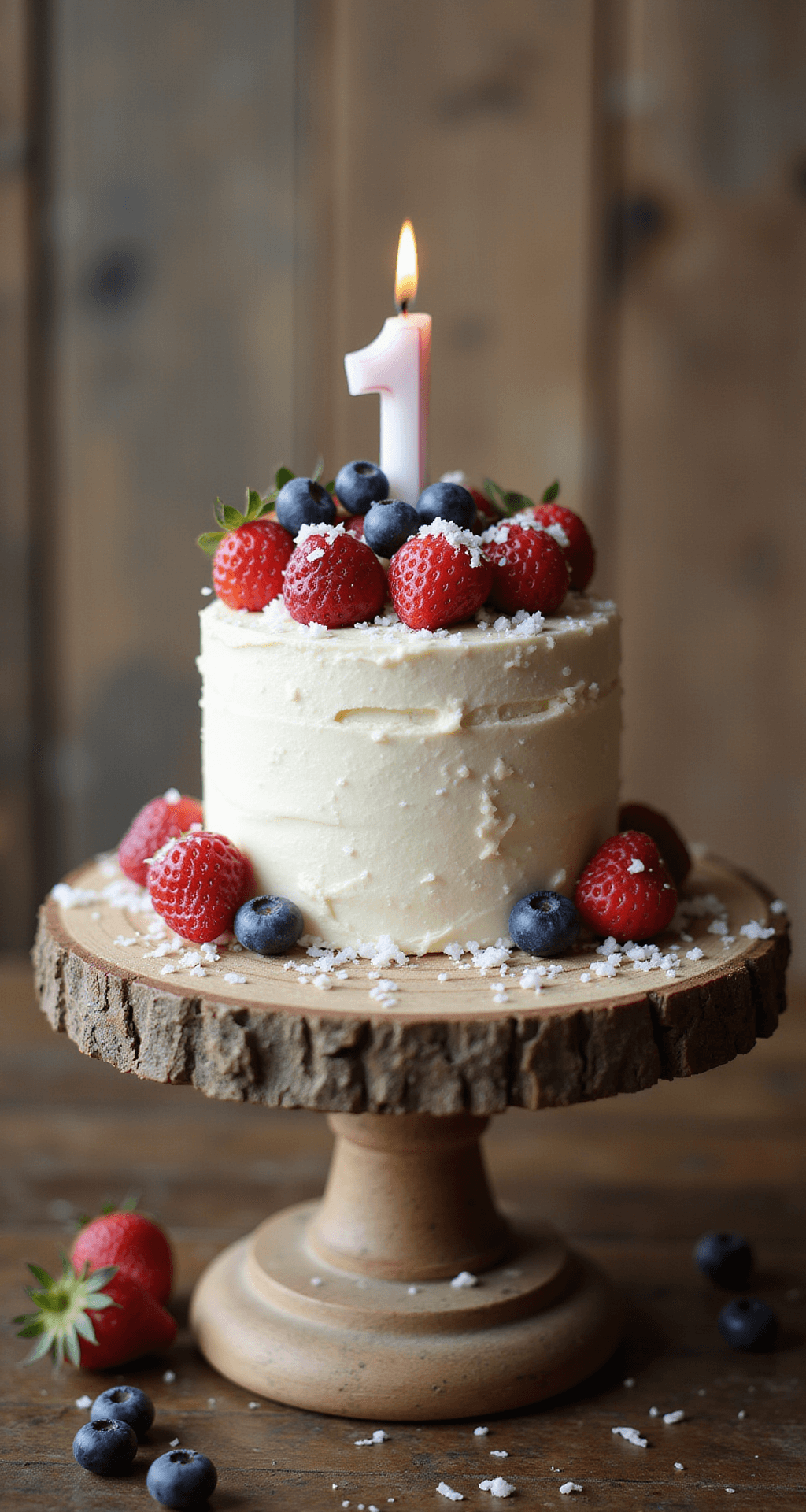 1st Birthday Smash Cake: A Healthy, Delightful Celebration Close-up of a mini smash cake adorned with fresh berries and coconut shavings, placed on a rustic wooden stand, featuring soft textured frosting and a '1' birthday candle, with a blurred background.
