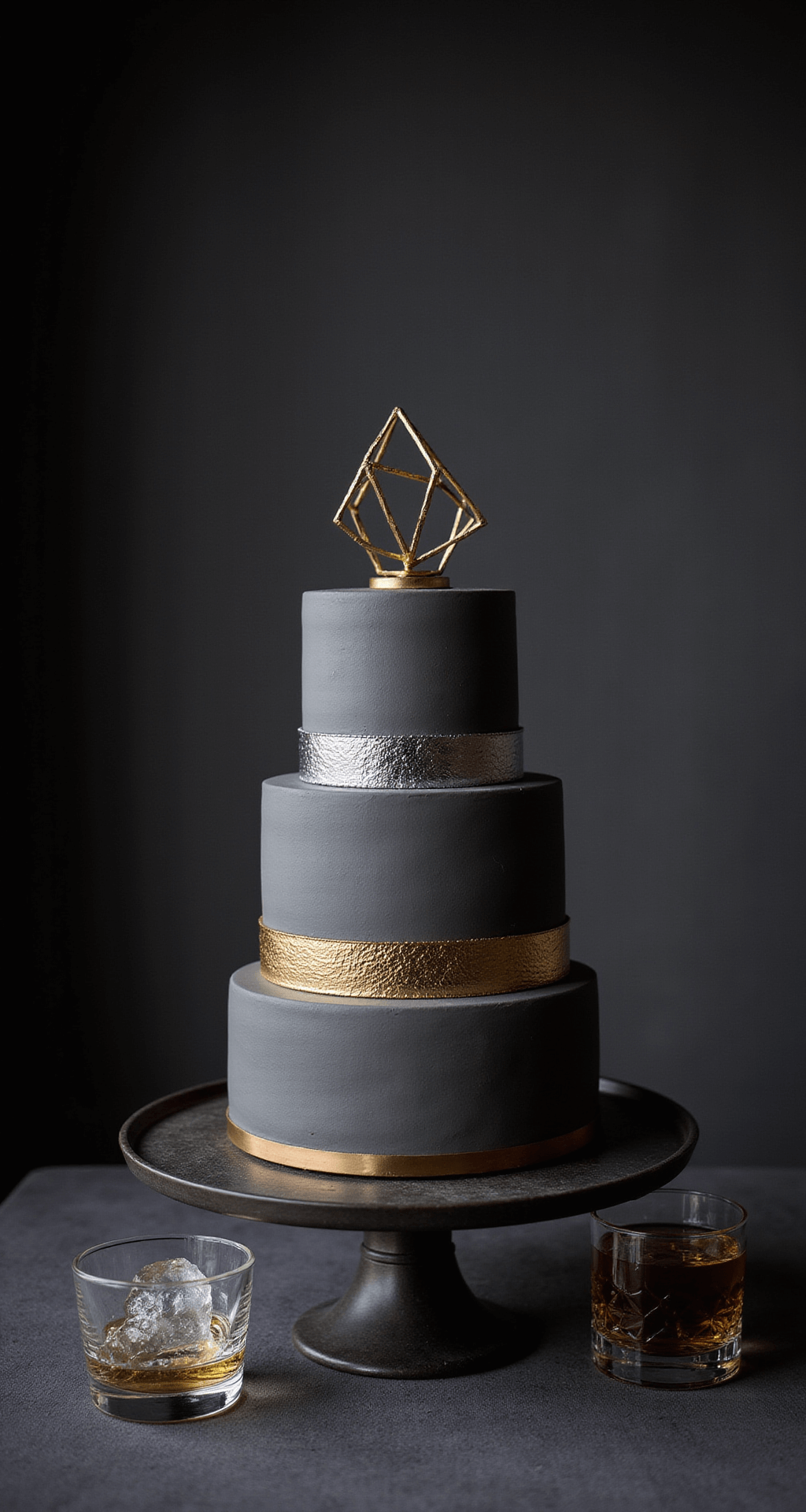 Masculine Birthday Cake: A Showstopping Dessert for Men's Celebrations A sophisticated three-tiered birthday cake with dark gray buttercream, geometric metallic accents, and a leather-like textured bottom tier, accompanied by a whiskey glass with clear ice, set against a dark charcoal backdrop.