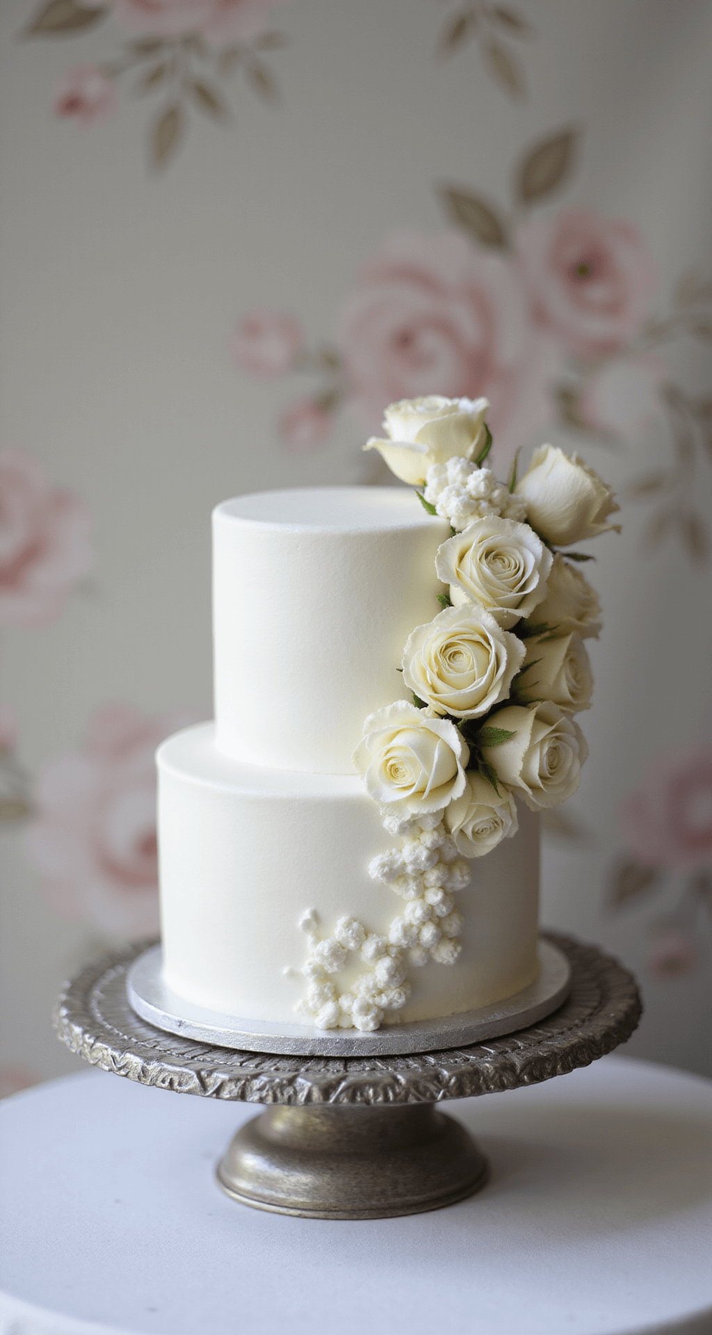 Single Tier Wedding Cake - Elegant, Simple, and Utterly Stunning A beautiful single-tier wedding cake on a silver stand, adorned with white buttercream, piped details, and fresh garden roses, set against a soft-focus botanical background, with gentle studio lighting enhancing its elegance and texture.