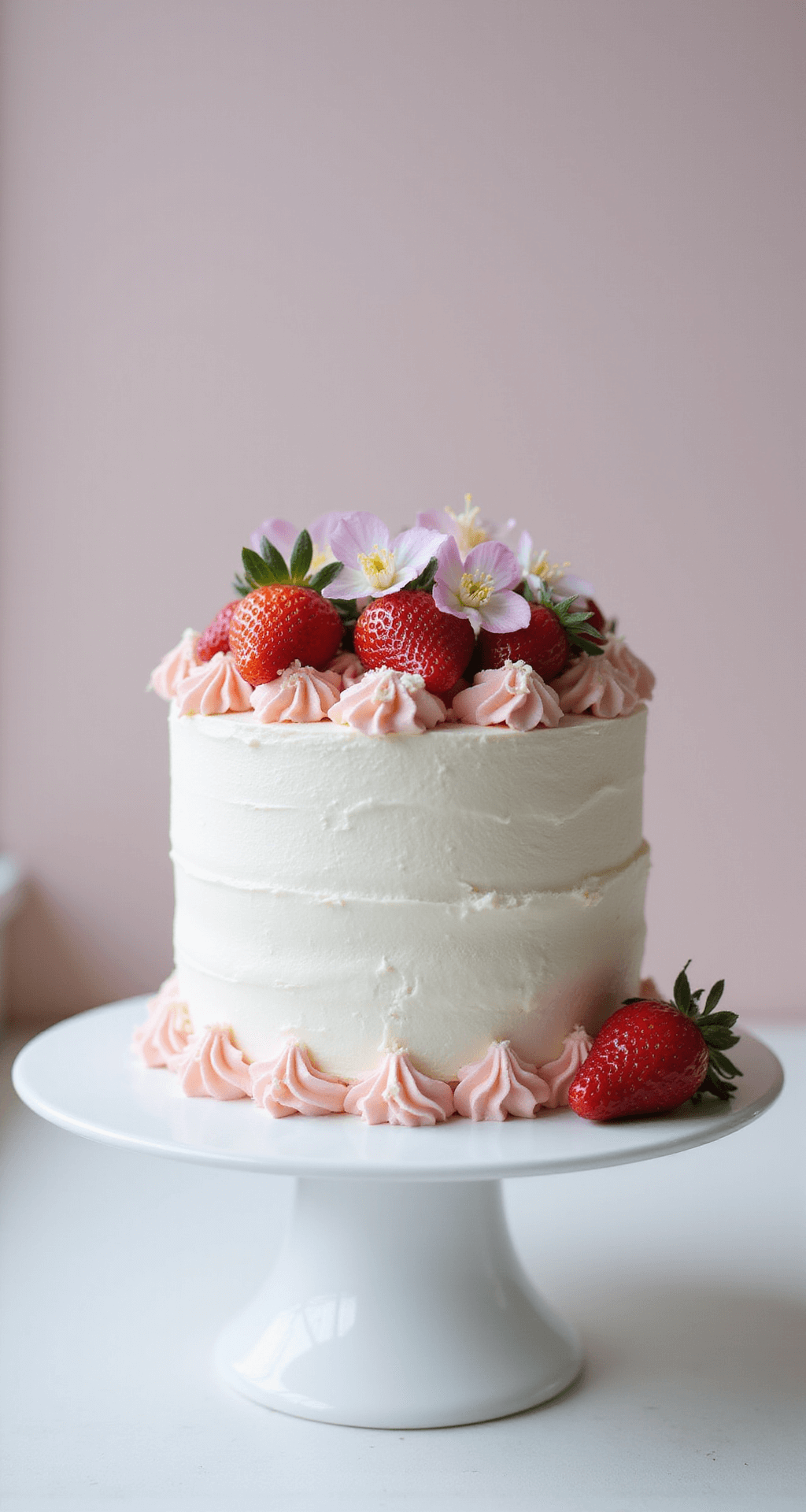 Korean Birthday Cake (생일 케이크): A Delicate & Dreamy Celebration Dessert A beautifully decorated Korean-style birthday cake on a white stand, featuring smooth white whipped cream layers, fresh strawberries, edible flowers, and a pink-to-white gradient, all illuminated by natural light against a pastel background.