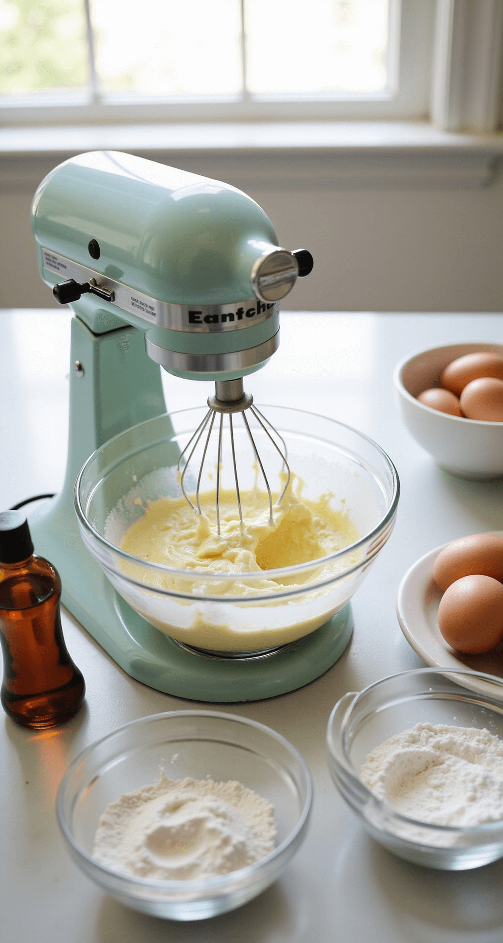 Half Birthday Cake: The Perfect 6-Month Milestone Celebration Dessert Close-up of a kitchen countertop with a vintage mixer creaming butter and sugar, surrounded by eggs, vanilla extract, and flour in elegant bowls, all lit by natural light.