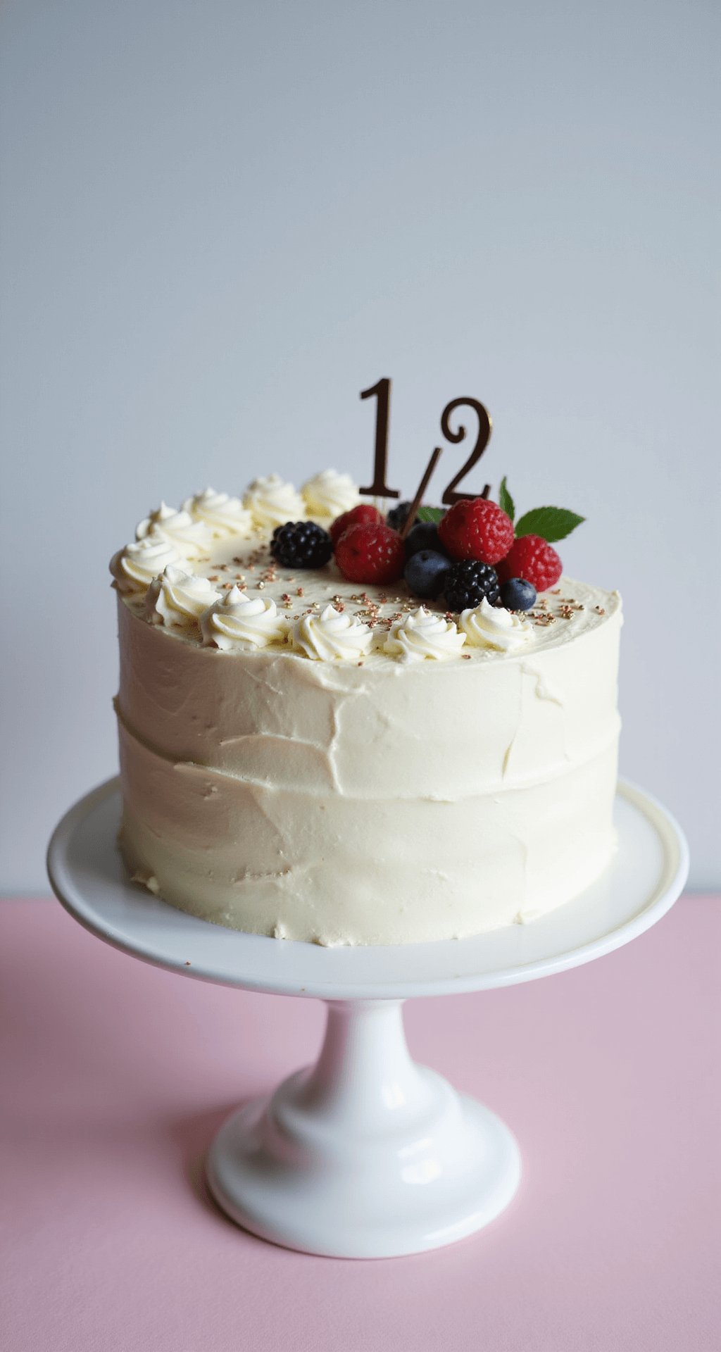 Half Birthday Cake: The Perfect 6-Month Milestone Celebration Dessert Professional overhead shot of a half-moon shaped cake on a white ceramic stand, featuring white buttercream frosting, piped rosettes, fresh berries, metallic sprinkles, and a '½' birthday topper against a pastel backdrop.